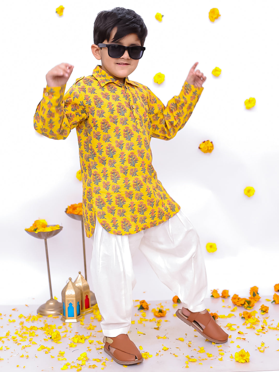 BownBee Pure Cotton Printed Pathani Kurta Salwaar Set For Boys - Yellow