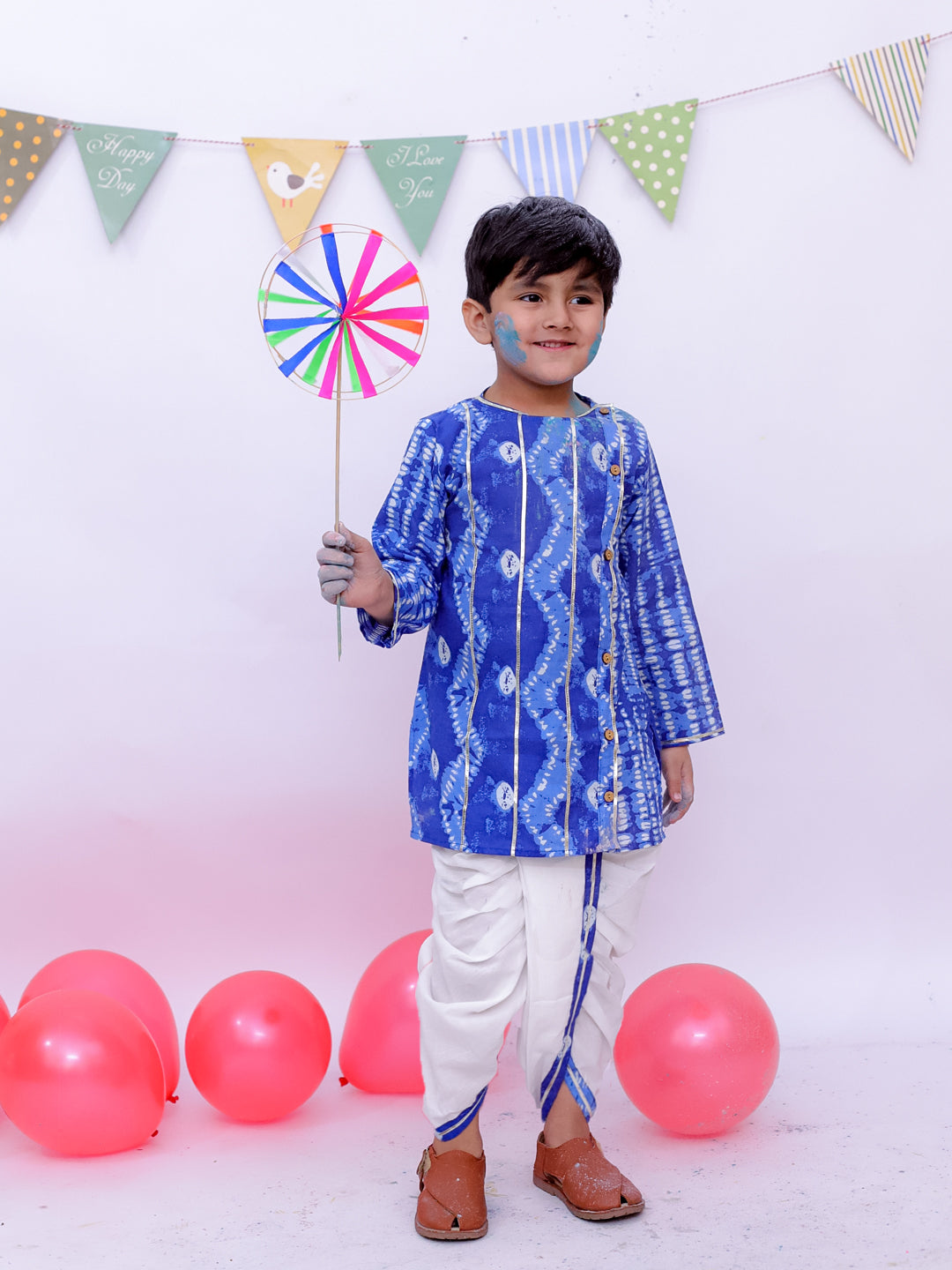 BownBee Ethnic Pure Cotton Tie & Dye  Dhoti Kurta Set For Boys - Blue