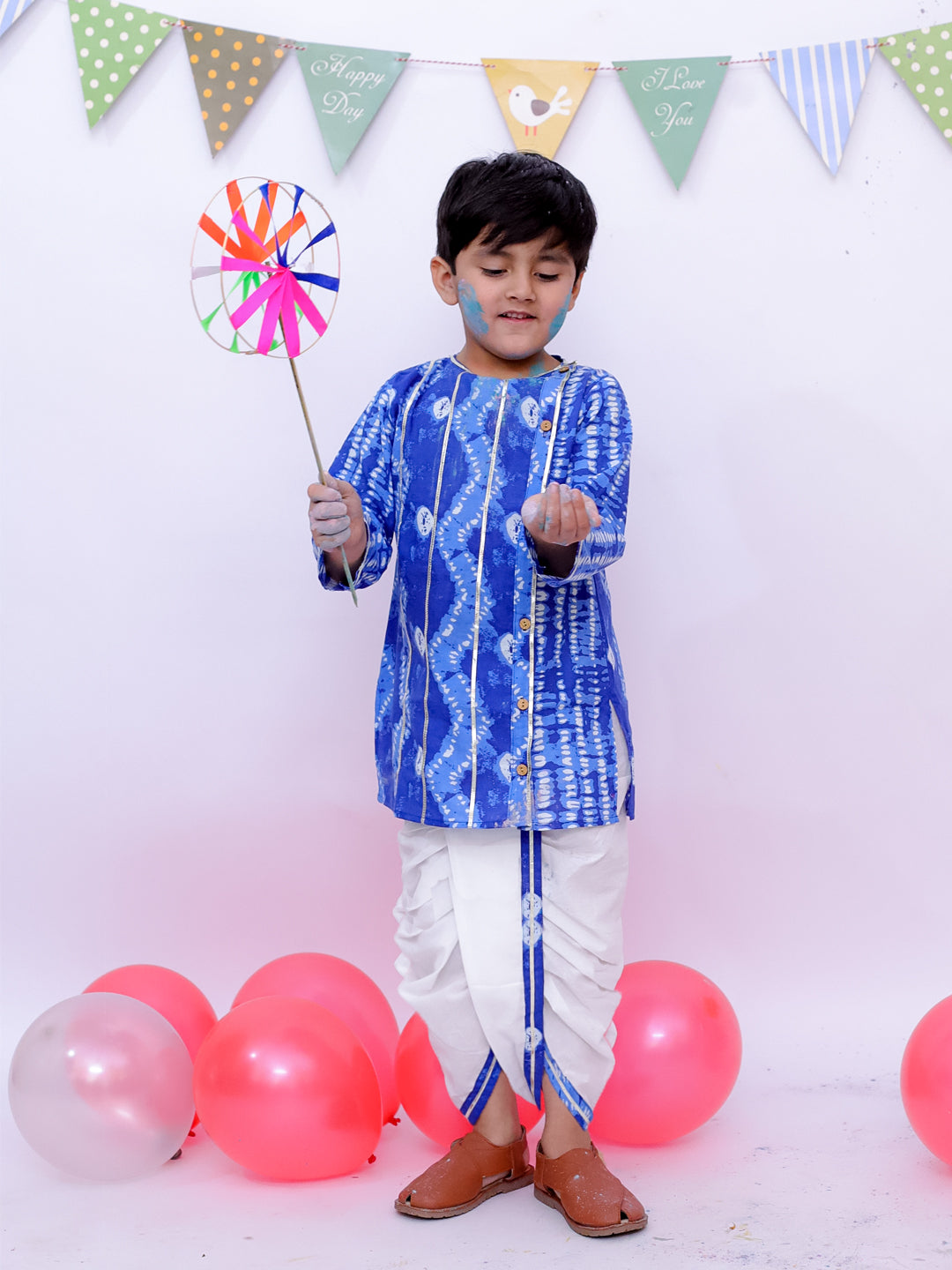 BownBee Ethnic Pure Cotton Tie & Dye  Dhoti Kurta Set For Boys - Blue