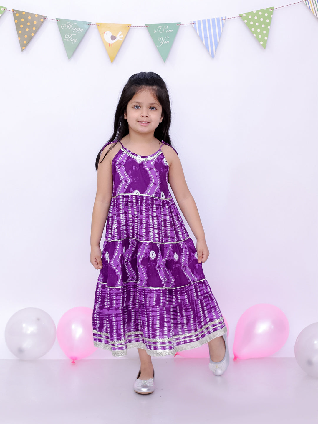 BownBee Pure Cotton Bandhani Short Kurta And Tier Dress Sibling Set - Purple