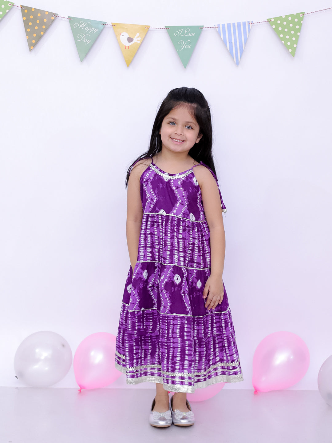 BownBee Pure Cotton Bandhani Short Kurta And Tier Dress Sibling Set - Purple