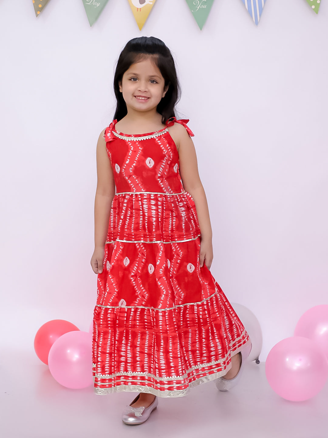 BownBee Pure Cotton Bandhani Short Kurta And Tier Dress Sibling Set - Red