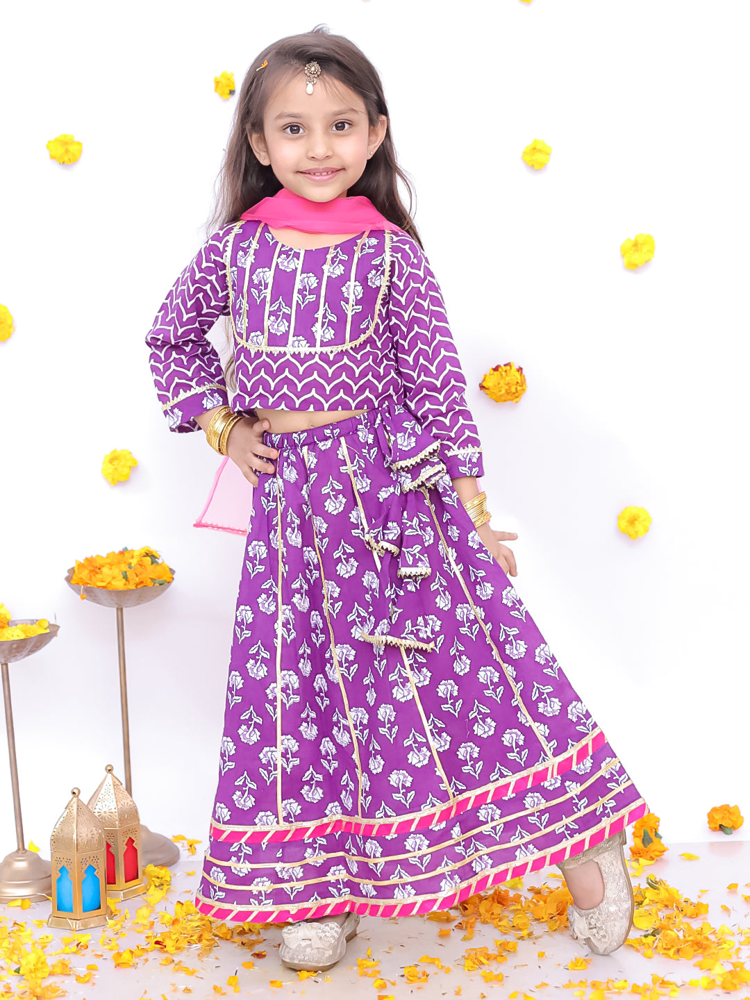 BownBee Festive 3/4th Sleeves Pure Cotton Printed Lehenga Choli With Dupatta Set For Girls  - Purple