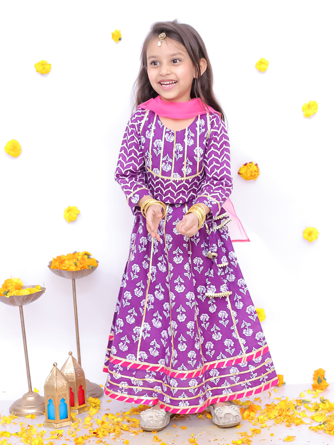 BownBee Festive 3/4th Sleeves Pure Cotton Printed Lehenga Choli With Dupatta Set For Girls  - Purple