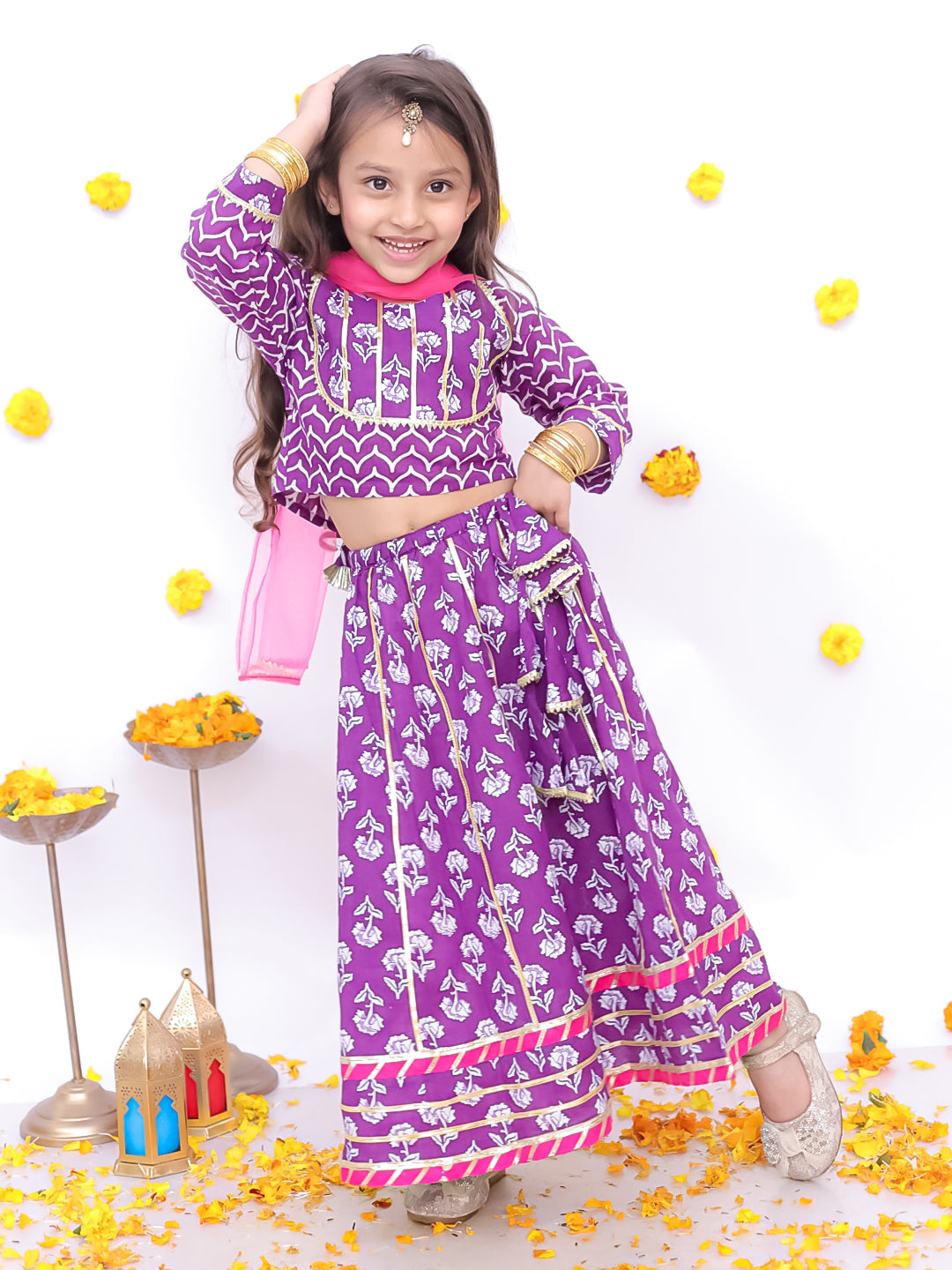 BownBee Festive 3/4th Sleeves Pure Cotton Printed Lehenga Choli With Dupatta Set For Girls  - Purple