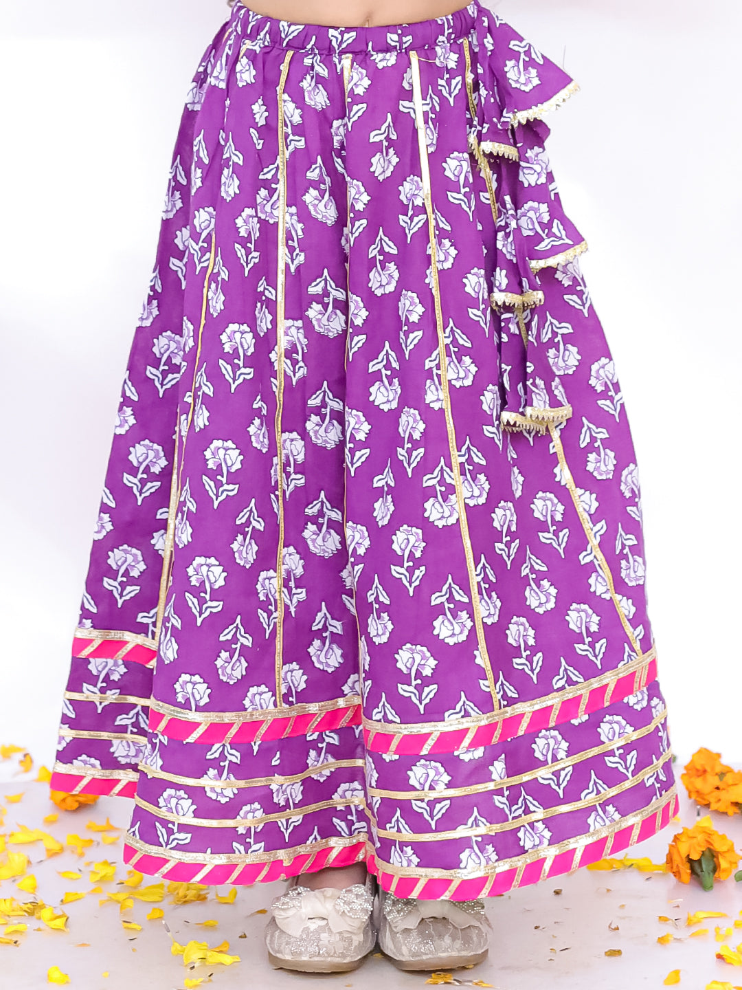 BownBee Festive 3/4th Sleeves Pure Cotton Printed Lehenga Choli With Dupatta Set For Girls  - Purple