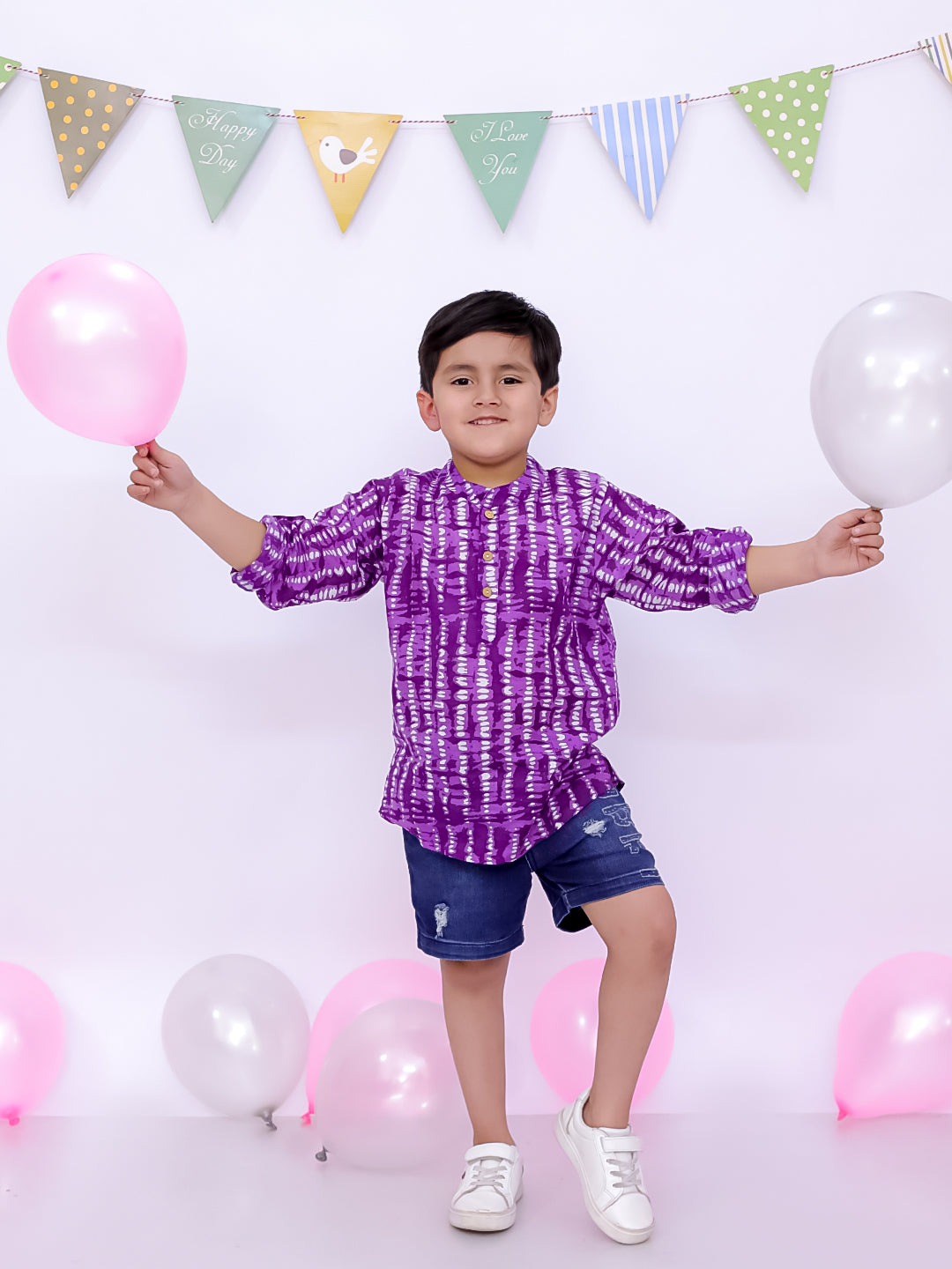 BownBee Pure Cotton Bandhani Short Kurta And Tier Dress Sibling Set - Purple