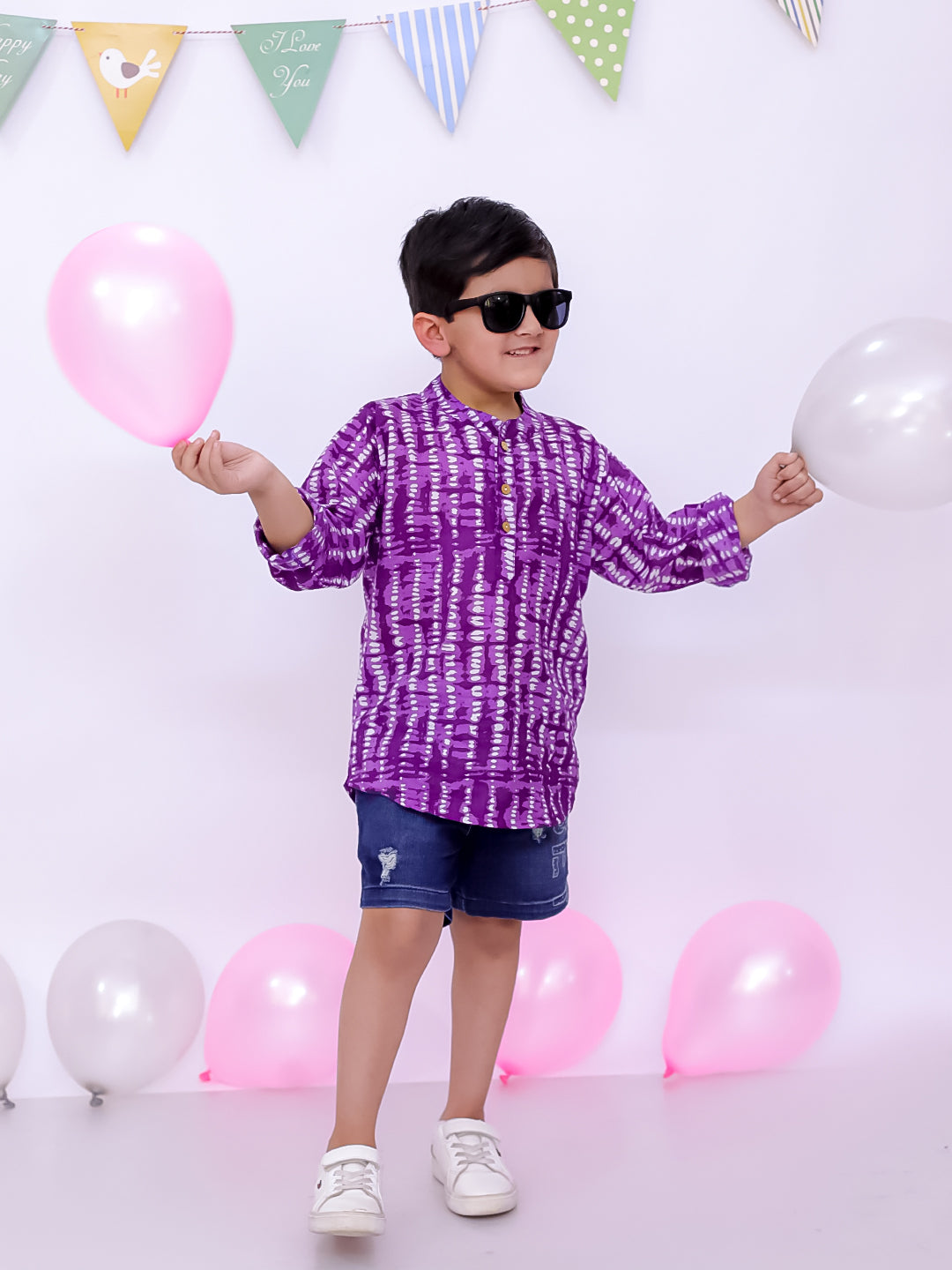 BownBee Pure Cotton Bandhani Short Kurta And Tier Dress Sibling Set - Purple