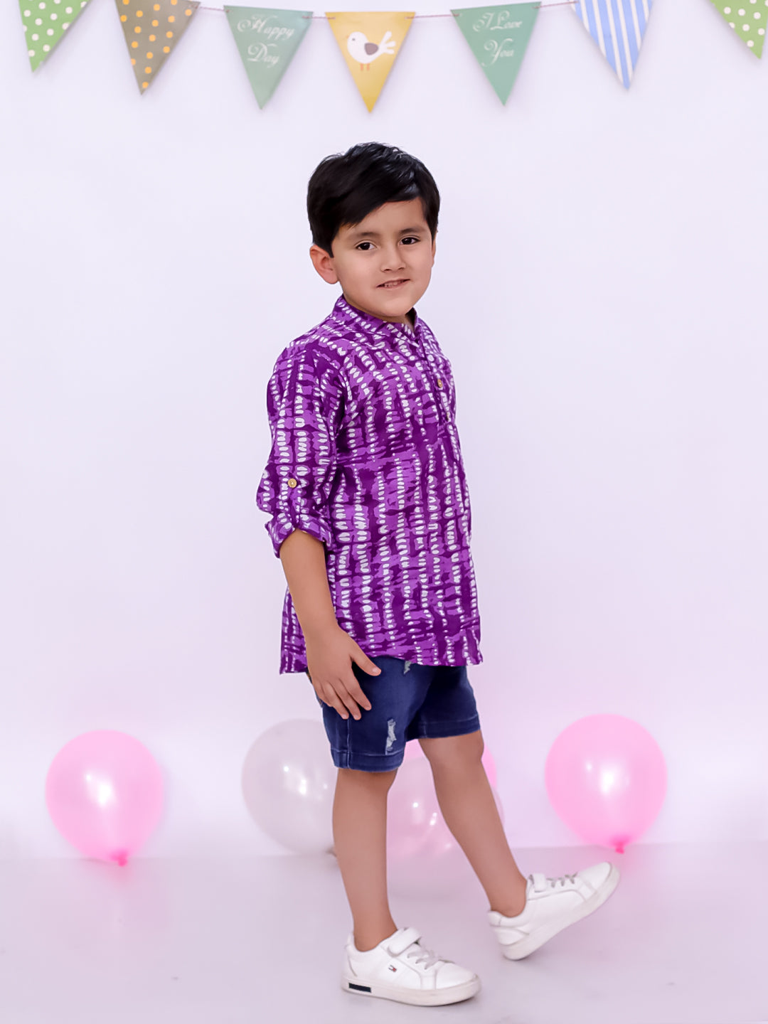 BownBee Pure Cotton Bandhani Short Kurta And Tier Dress Sibling Set - Purple