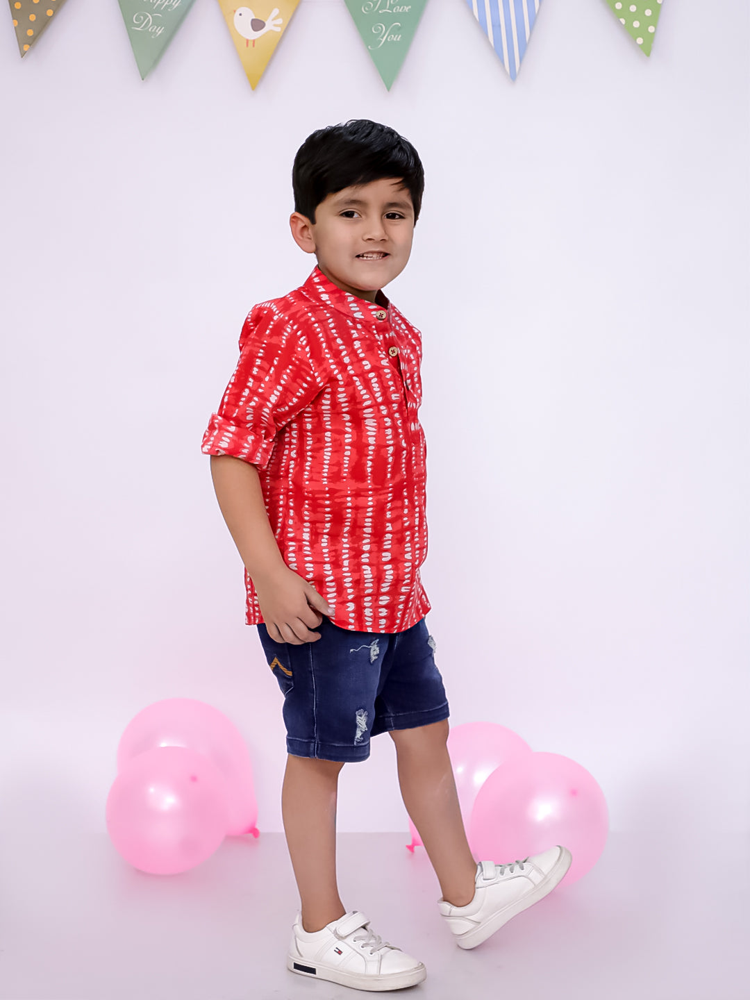 BownBee Ethnic Half Sleeves Pure Cotton Tie & Dye Kurta For Boys - Red