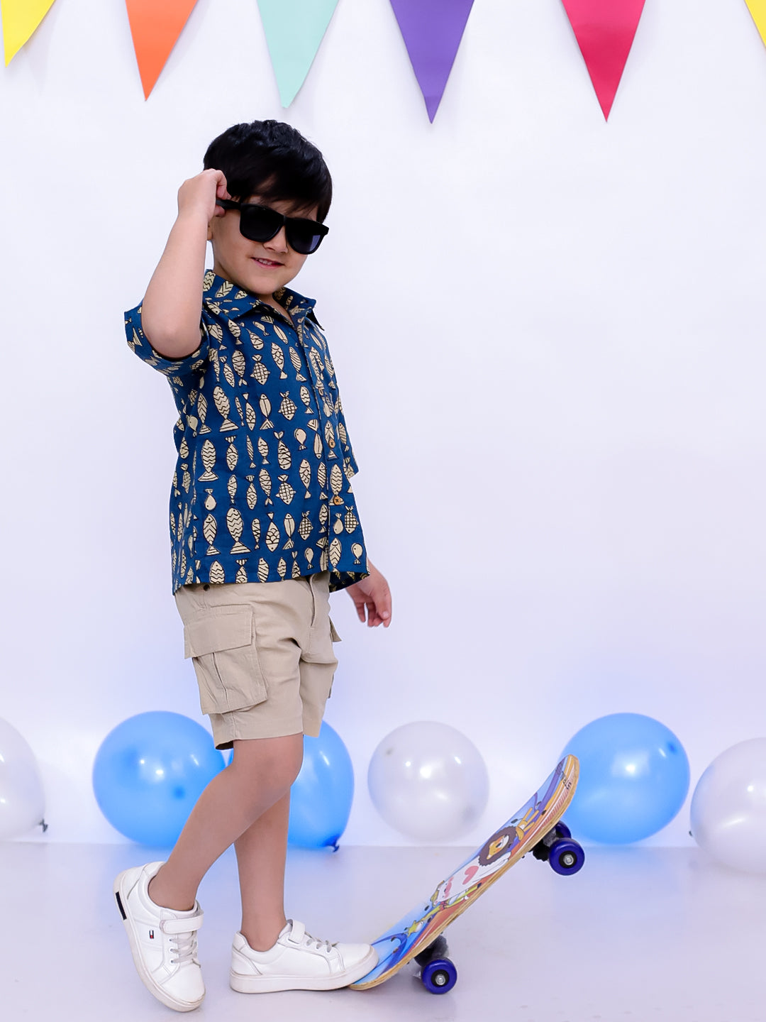 BownBee Ethnic Short Sleeve Pure Cotton Quirky Printed Shirt For Boys - Indigo