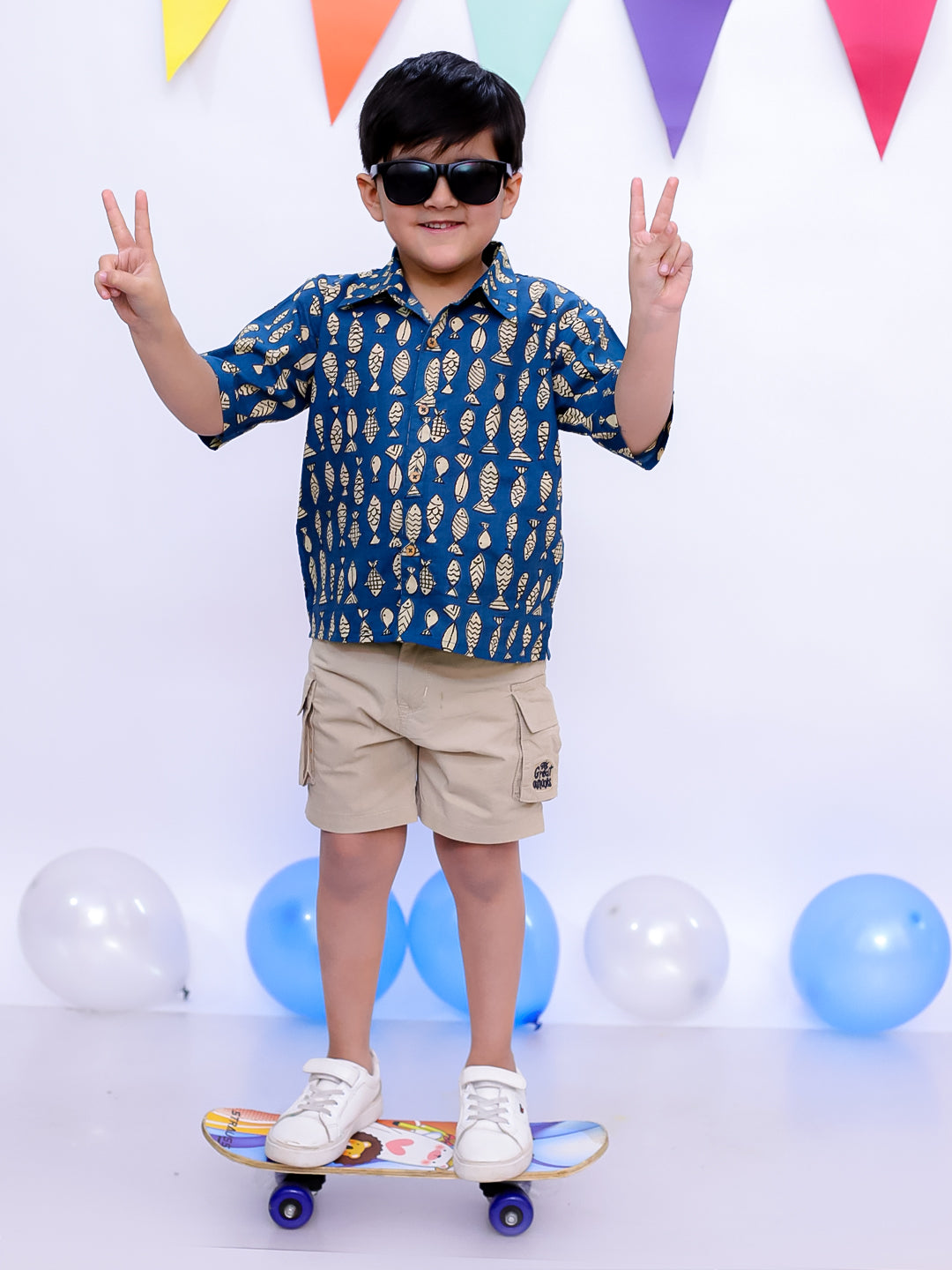 BownBee Ethnic Short Sleeve Pure Cotton Quirky Printed Shirt For Boys - Indigo