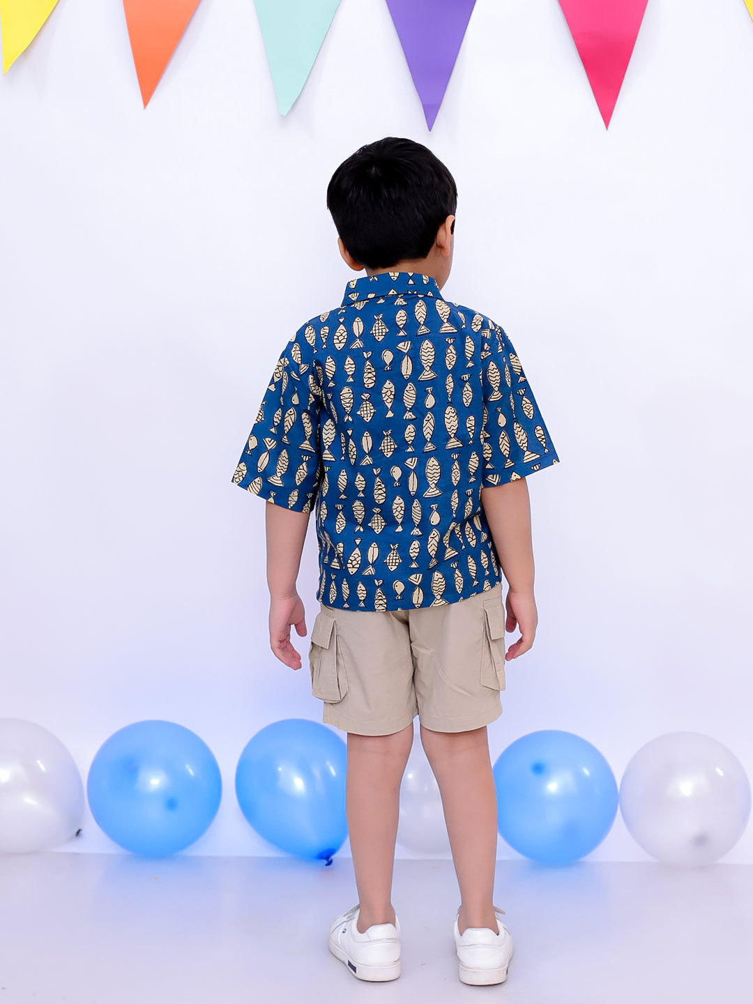 BownBee Ethnic Short Sleeve Pure Cotton Quirky Printed Shirt For Boys - Indigo