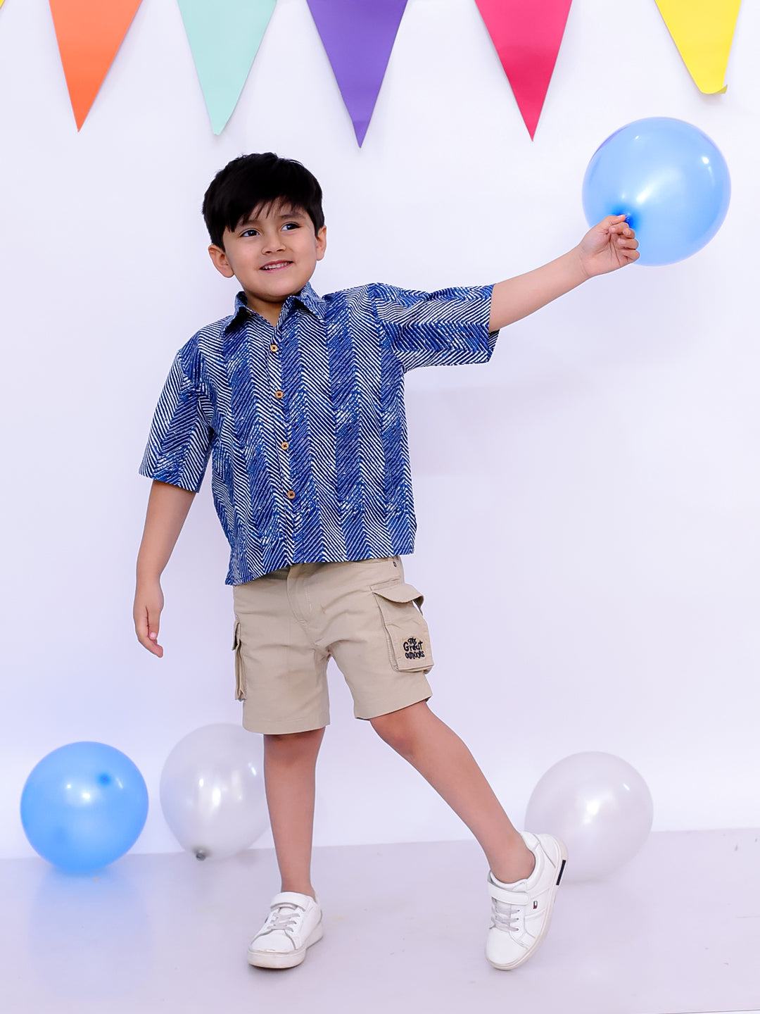 BownBee Ethnic Short Sleeve Pure Cotton Quirky Printed Shirt For Boys - Indigo