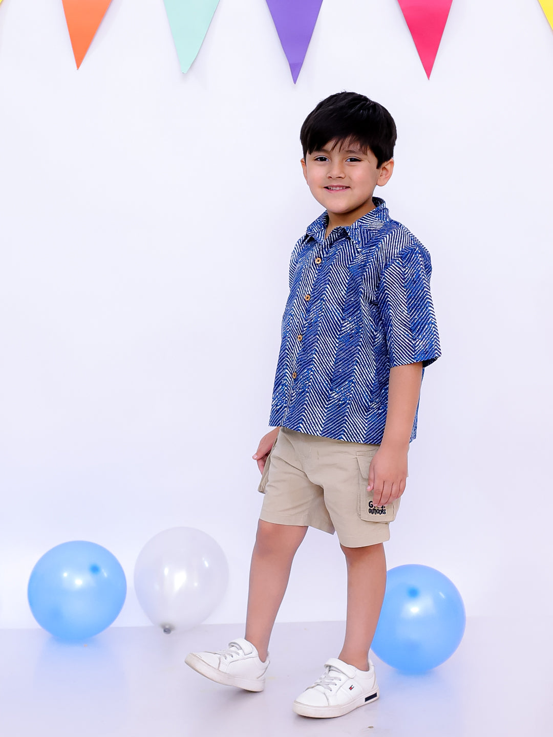 BownBee Ethnic Short Sleeve Pure Cotton Quirky Printed Shirt For Boys - Indigo