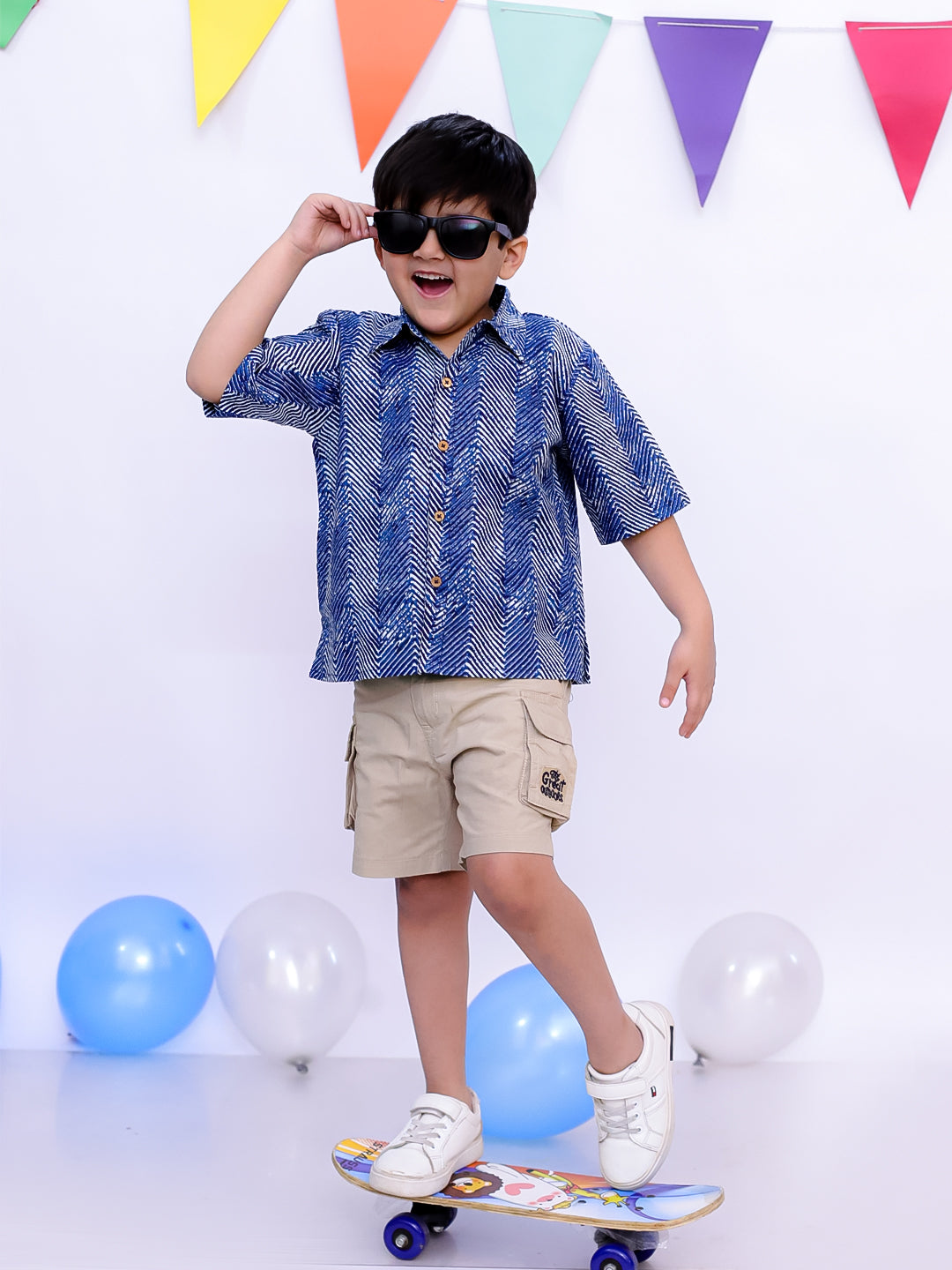 BownBee Ethnic Short Sleeve Pure Cotton Quirky Printed Shirt For Boys - Indigo