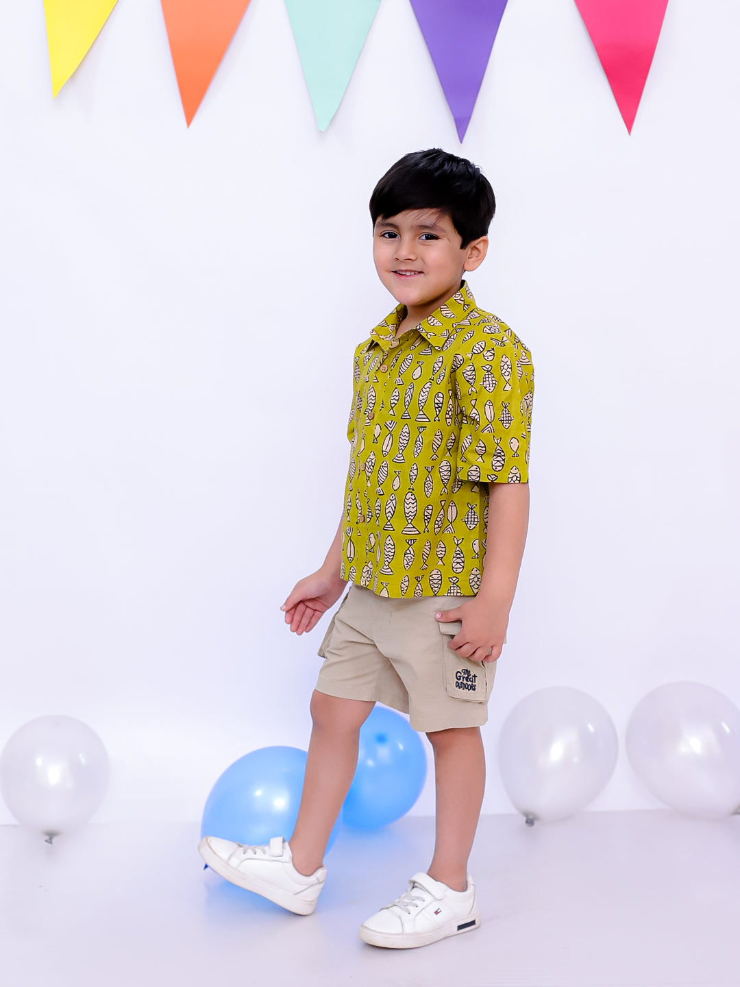 BownBee Ethnic Short Sleeve Pure Cotton Quirky Printed Shirt For Boys - Indigo