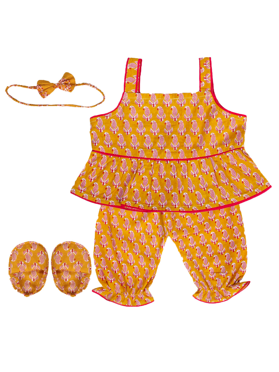 BownBee Baby Girl Pure Cotton Top Harem with Headband & Booties Set for Baby Girl- Yellow