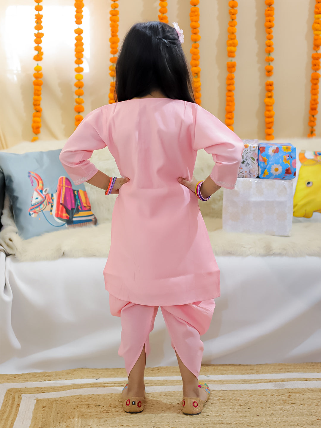 BownBee Sibling Set Embroidered Attached Jacket Kurta Pajama with Attached Jacket Kurti Dhoti- Pink