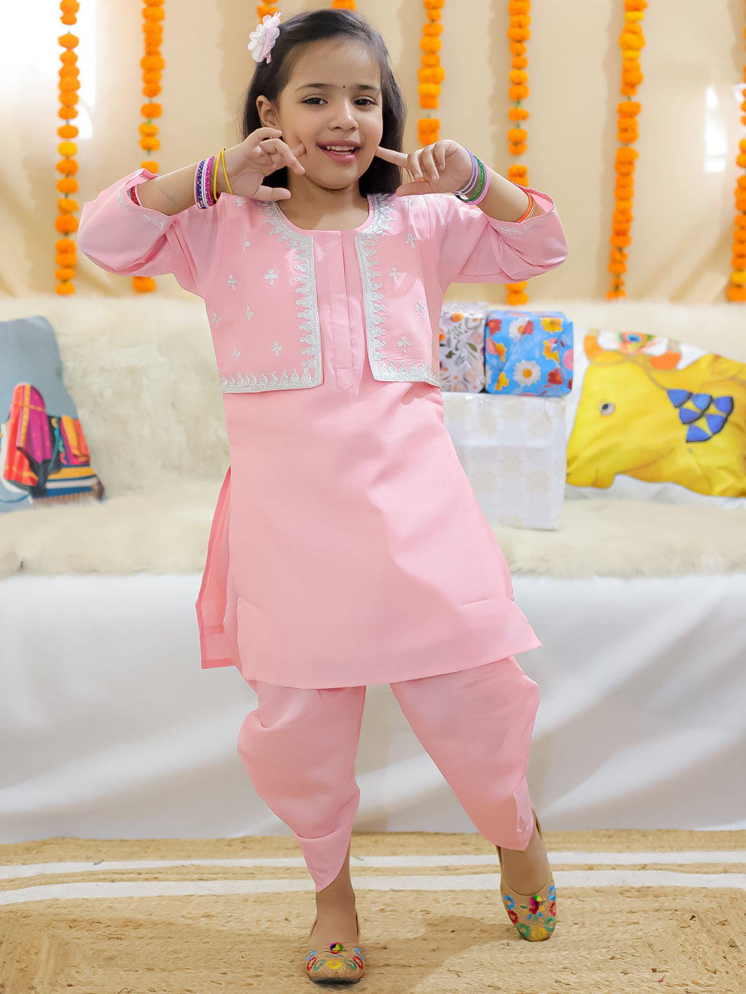 BownBee Sibling Set Embroidered Attached Jacket Kurta Pajama with Attached Jacket Kurti Dhoti- Pink