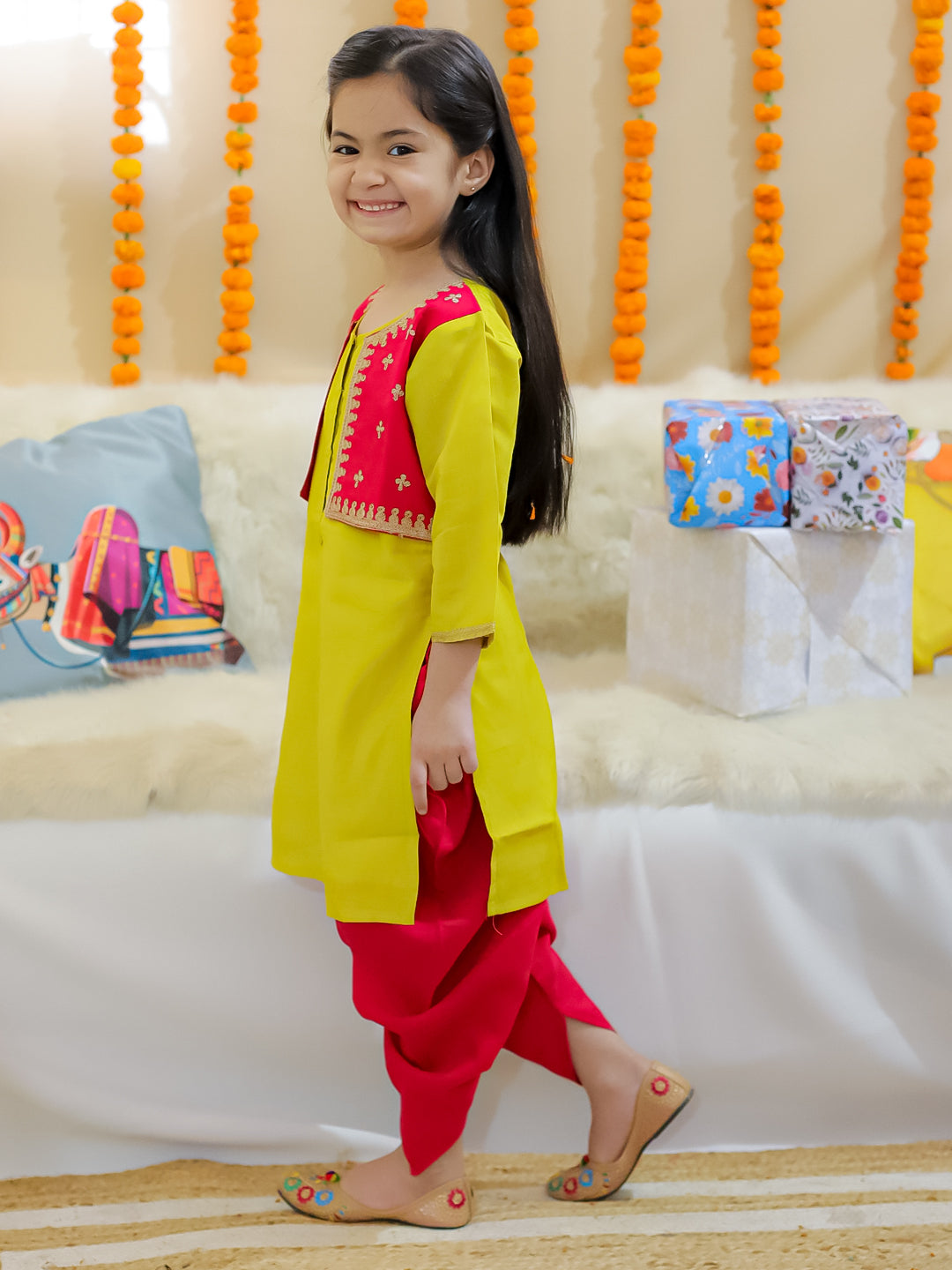 BownBee Girls Embroidered Attached Jacket Kurti with Dhoti - Yellow