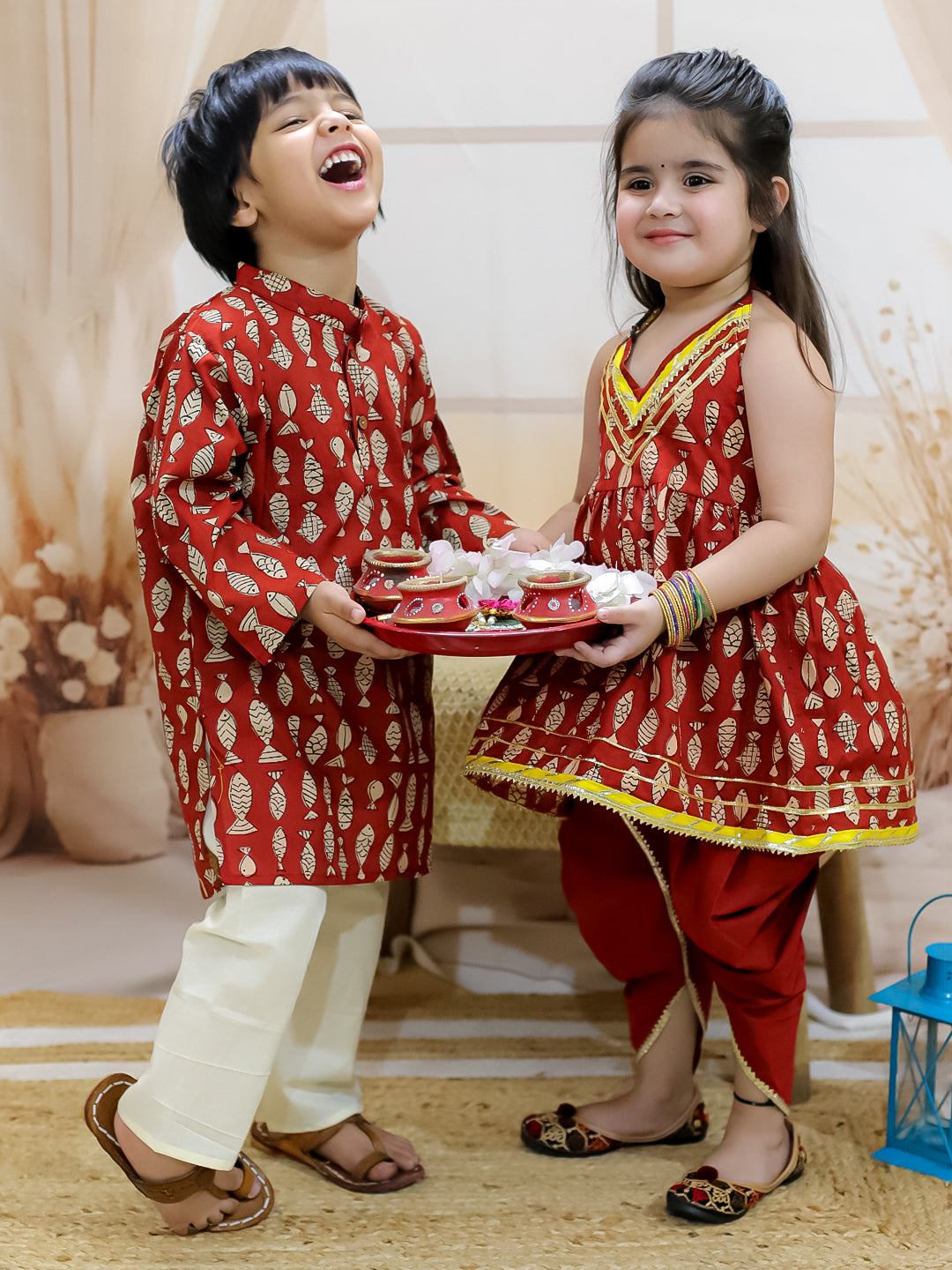 BownBee Sibling Set Fish Print Pure Cotton Kurta Pajama with Halter Neck Top Dhoti- Maroon