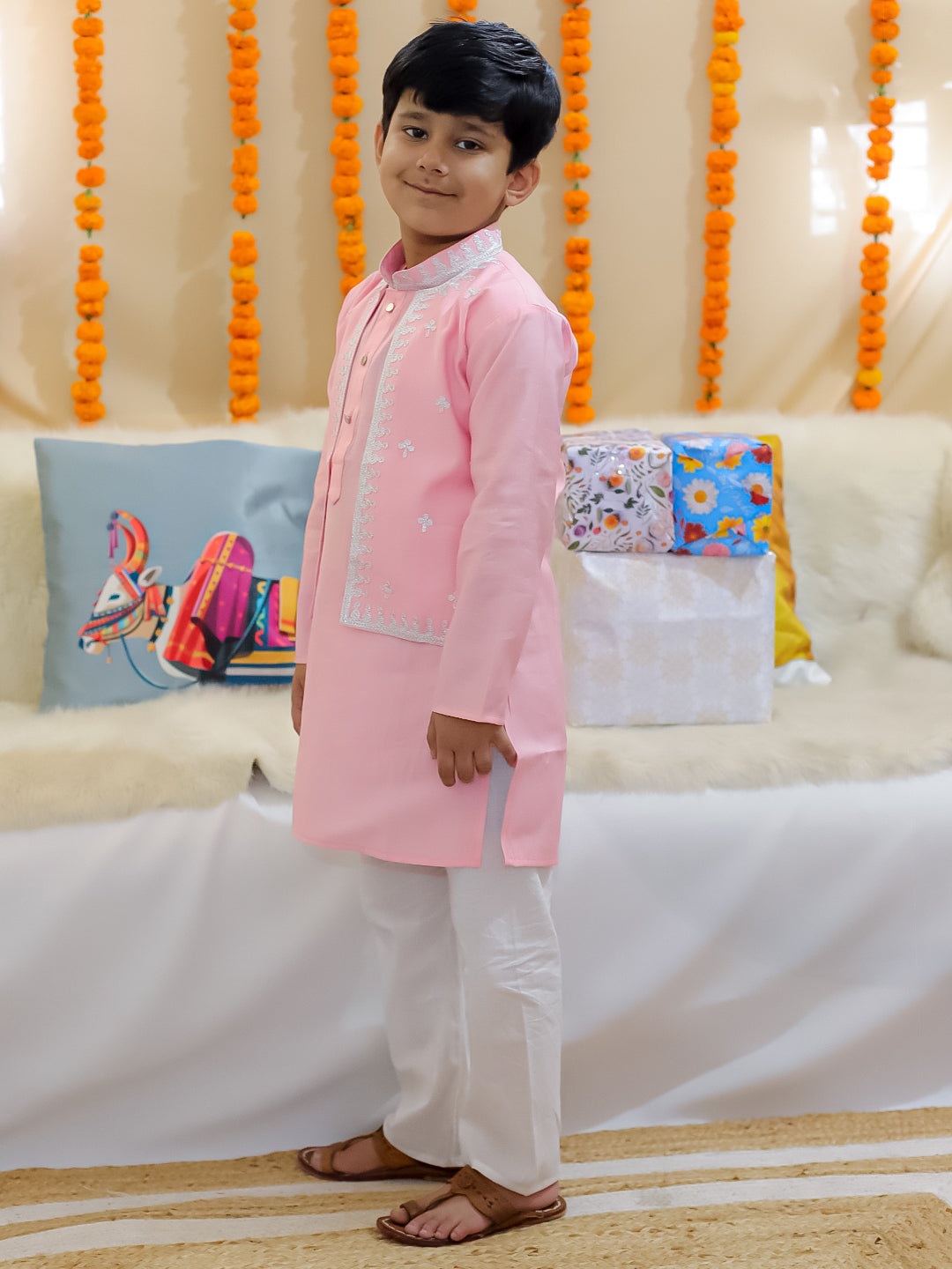 BownBee Pure Chanderi Embroidered Attached Jacket Kurta Pajama for Boys- Baby Pink