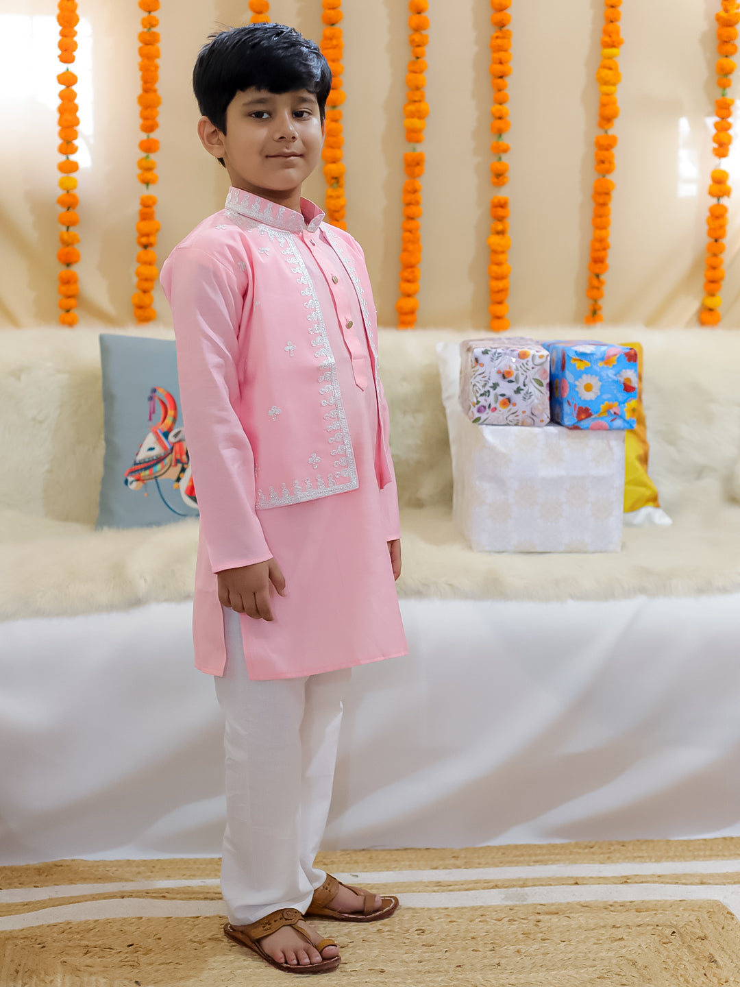 BownBee Sibling Set Embroidered Attached Jacket Kurta Pajama with Attached Jacket Kurti Dhoti- Pink