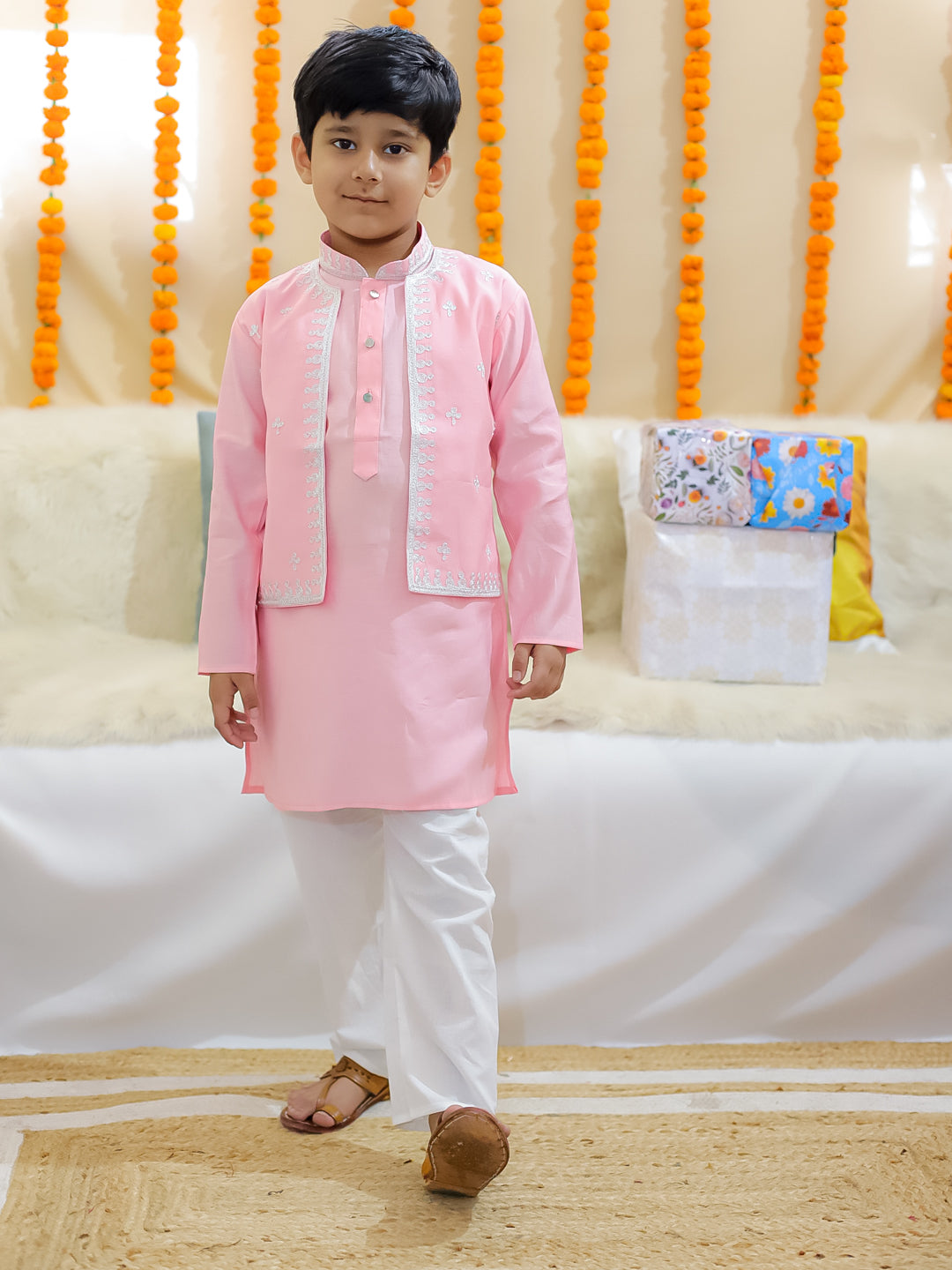 BownBee Sibling Set Embroidered Attached Jacket Kurta Pajama with Attached Jacket Kurti Dhoti- Pink