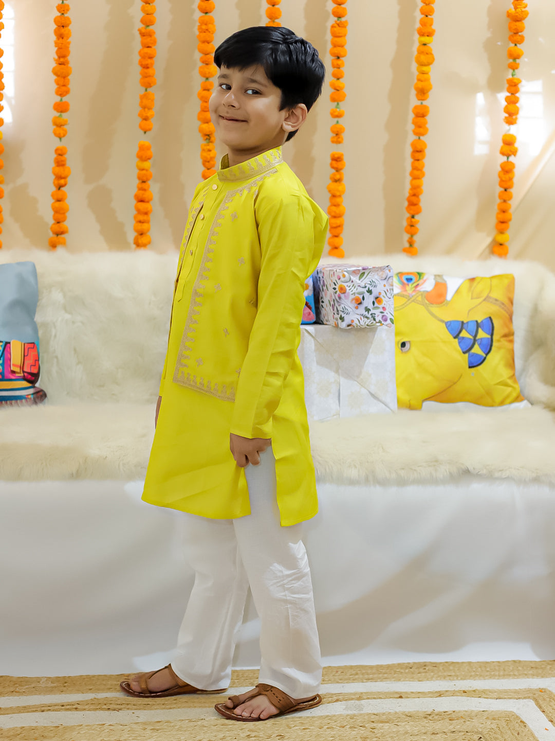 BownBee Sibling Set Embroidered Attached Jacket Kurta Pajama with Attached Jacket Kurti Dhoti- Yellow