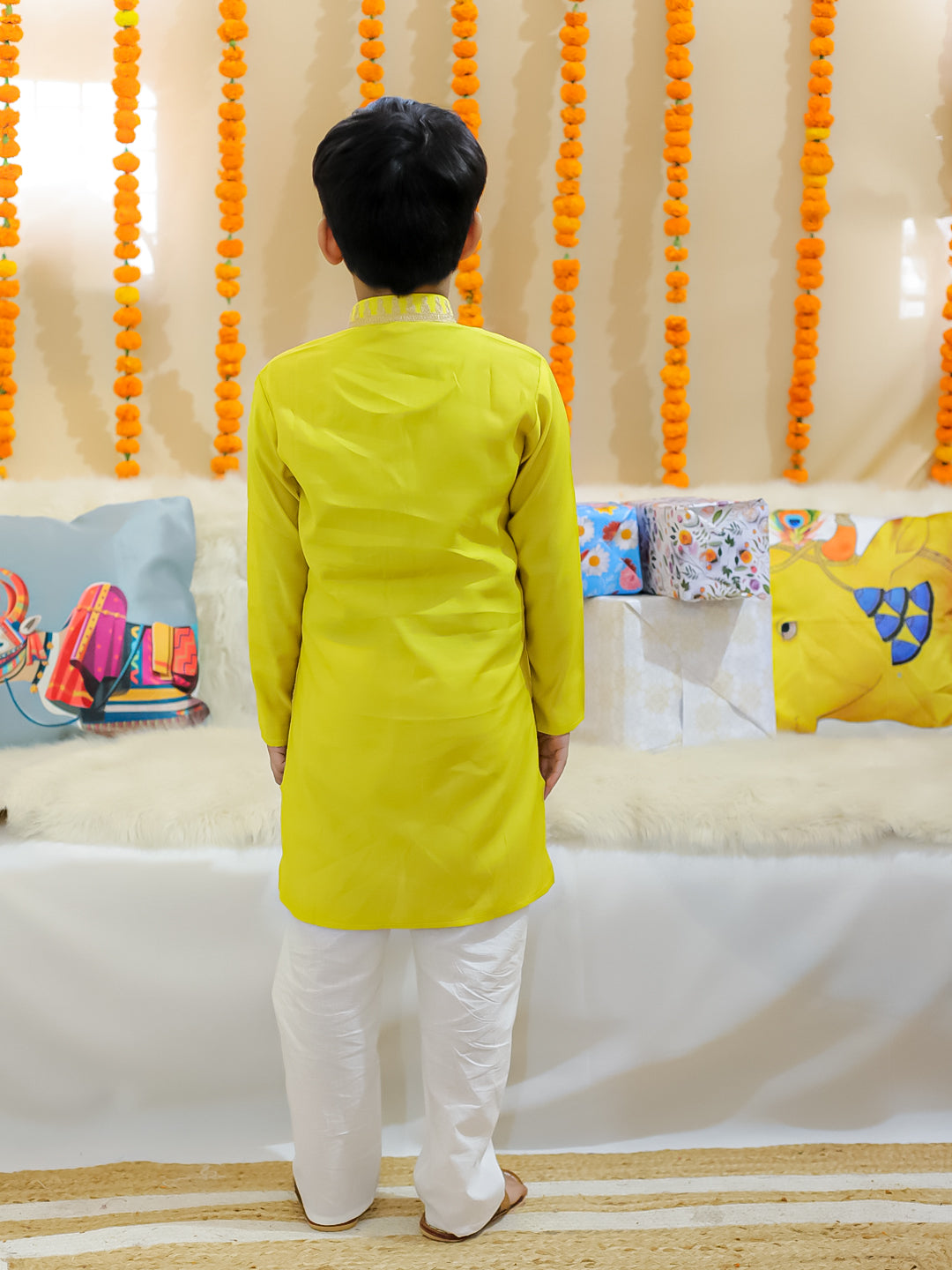 BownBee Sibling Set Embroidered Attached Jacket Kurta Pajama with Attached Jacket Kurti Dhoti- Yellow