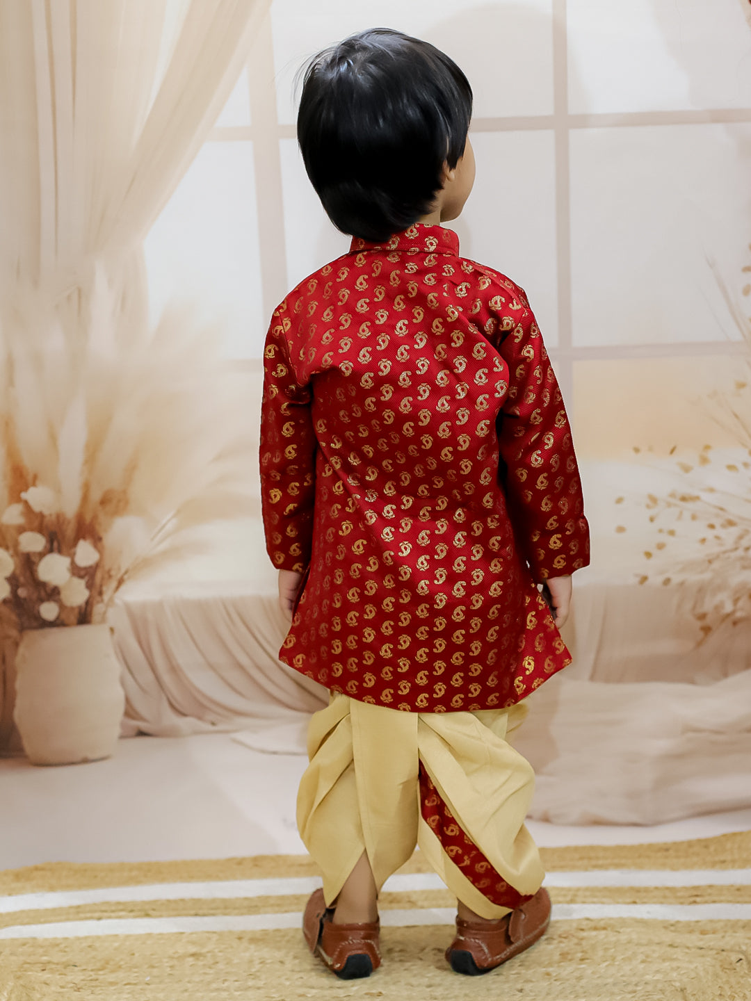 BownBee Sibling Set Chanderi Booti Front Open Sherwani Dhoti with Kurti Pant Dupatta- Maroon