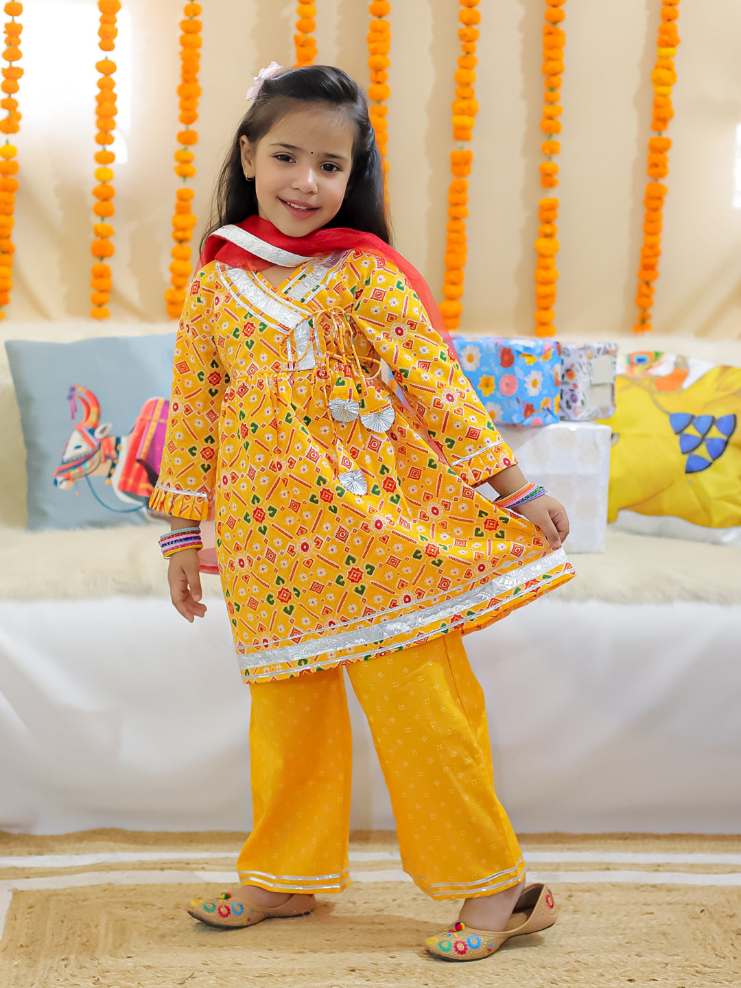 BownBee Sibling Set Pure Cotton Jacket Kurta Pajama with Angrakha Kurti Pant Dupatta Set- Yellow