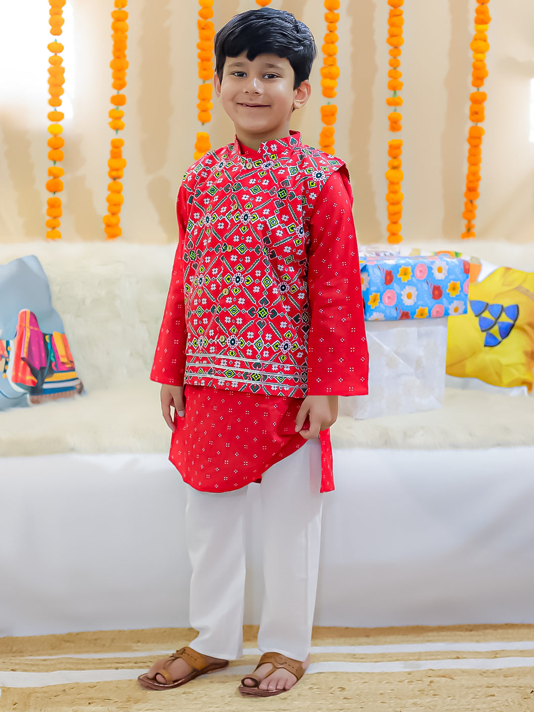 BownBee Pure Cotton Printed Jacket with Kurta Pajama for Boys- Red