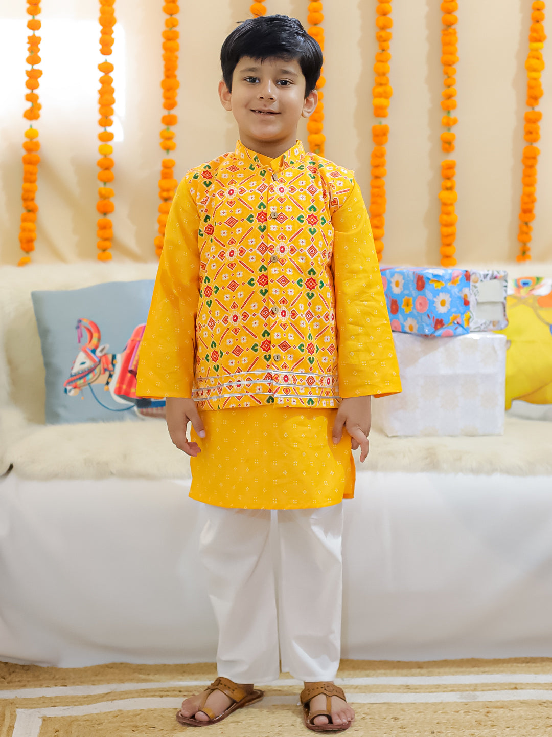 BownBee Sibling Set Pure Cotton Jacket Kurta Pajama with Angrakha Kurti Pant Dupatta Set- Yellow