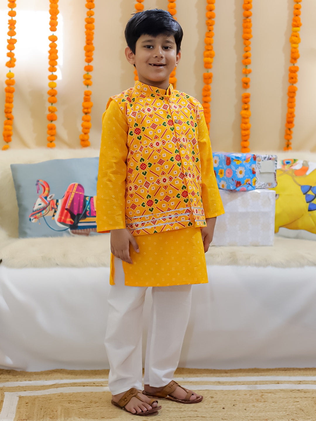 BownBee Sibling Set Pure Cotton Jacket Kurta Pajama with Angrakha Kurti Pant Dupatta Set- Yellow