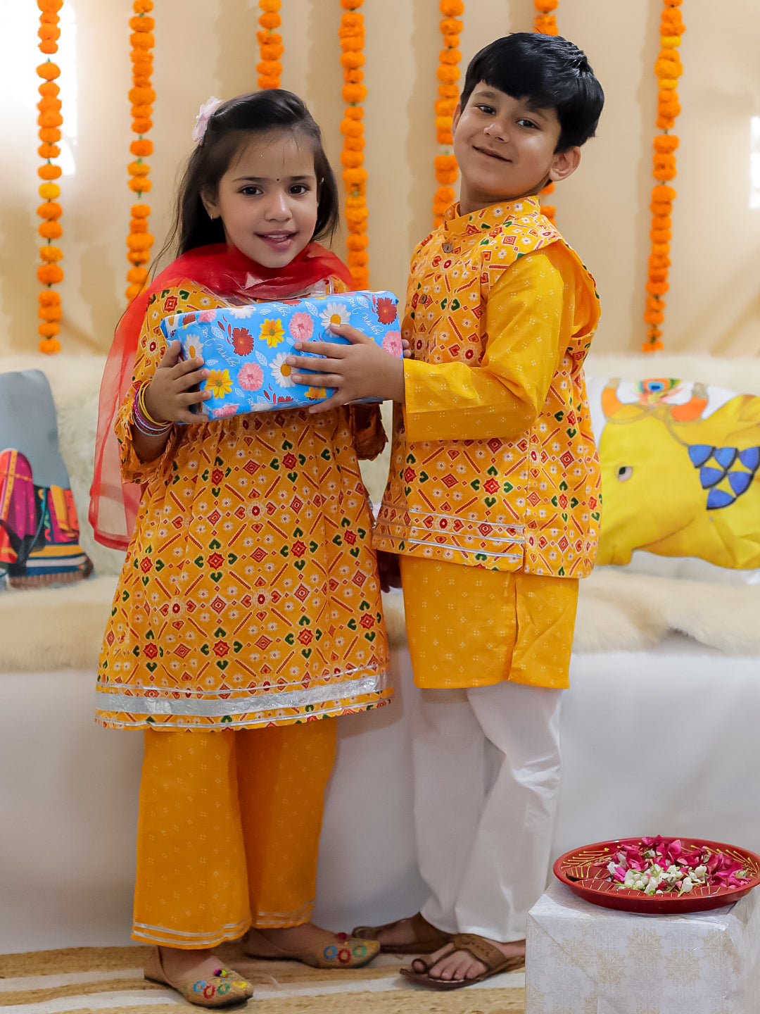 BownBee Sibling Set Pure Cotton Jacket Kurta Pajama with Angrakha Kurti Pant Dupatta Set- Yellow