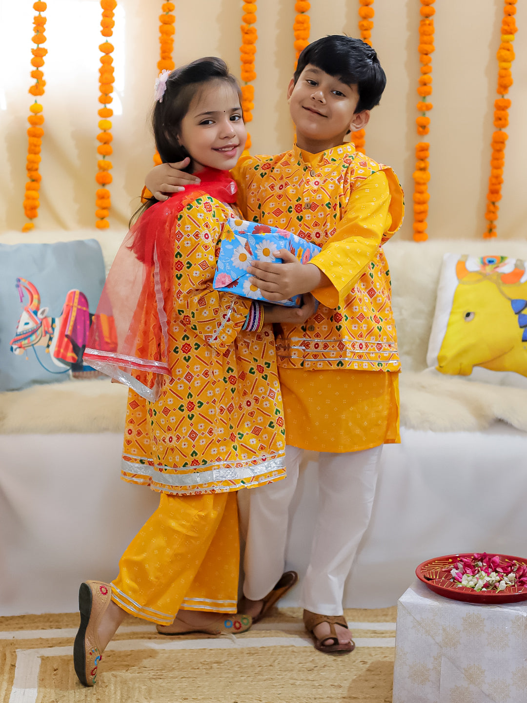 BownBee Sibling Set Pure Cotton Jacket Kurta Pajama with Angrakha Kurti Pant Dupatta Set- Yellow