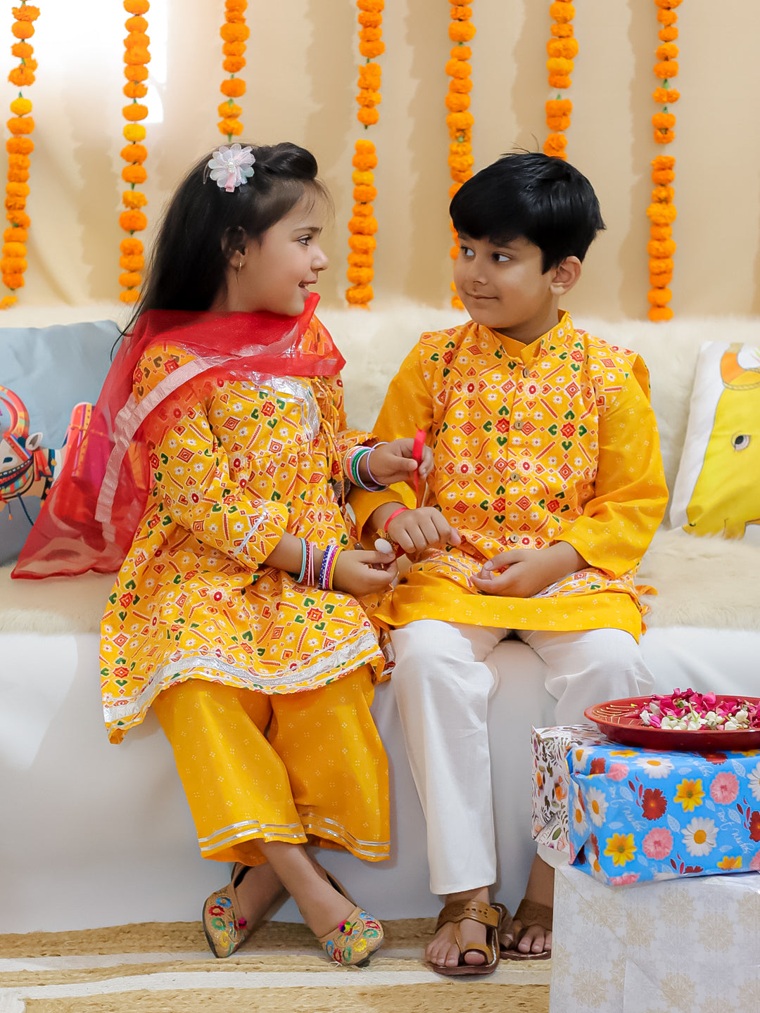 BownBee Sibling Set Pure Cotton Jacket Kurta Pajama with Angrakha Kurti Pant Dupatta Set- Yellow