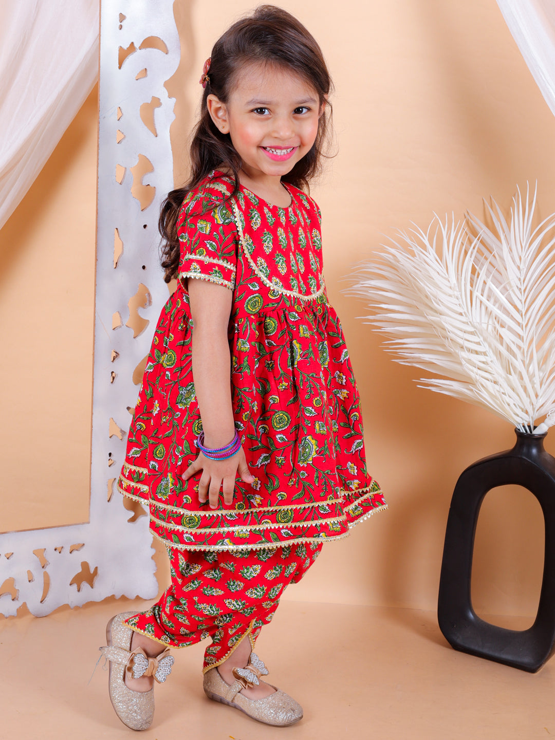 BownBee Sibling Set Pure Cotton Printed Kurta Dhoti with Pure Cotton Patch Top Dhoti-Red