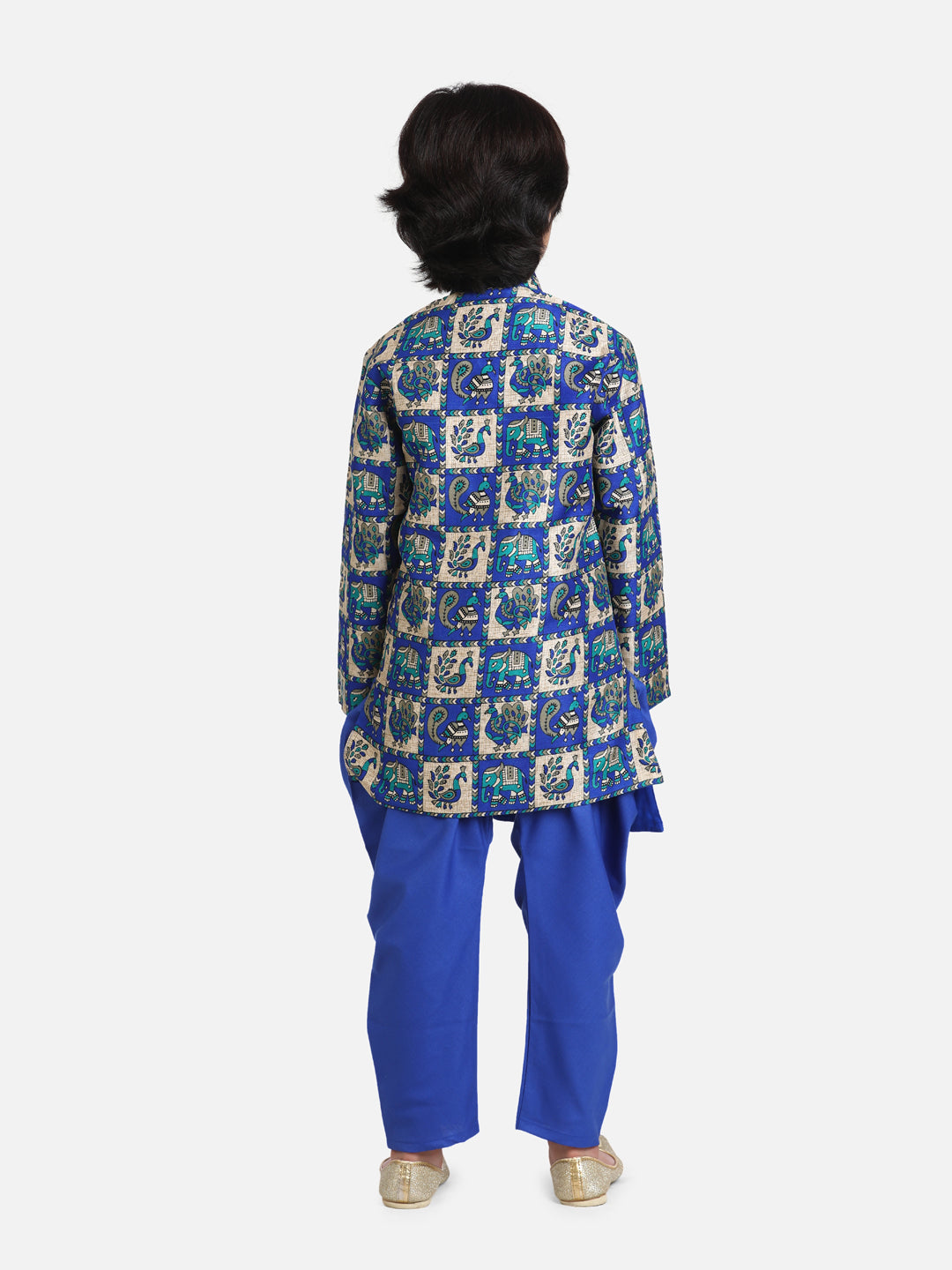 BownBee Boys Mor Print Full Sleeve Sherwani Dhoti - Blue