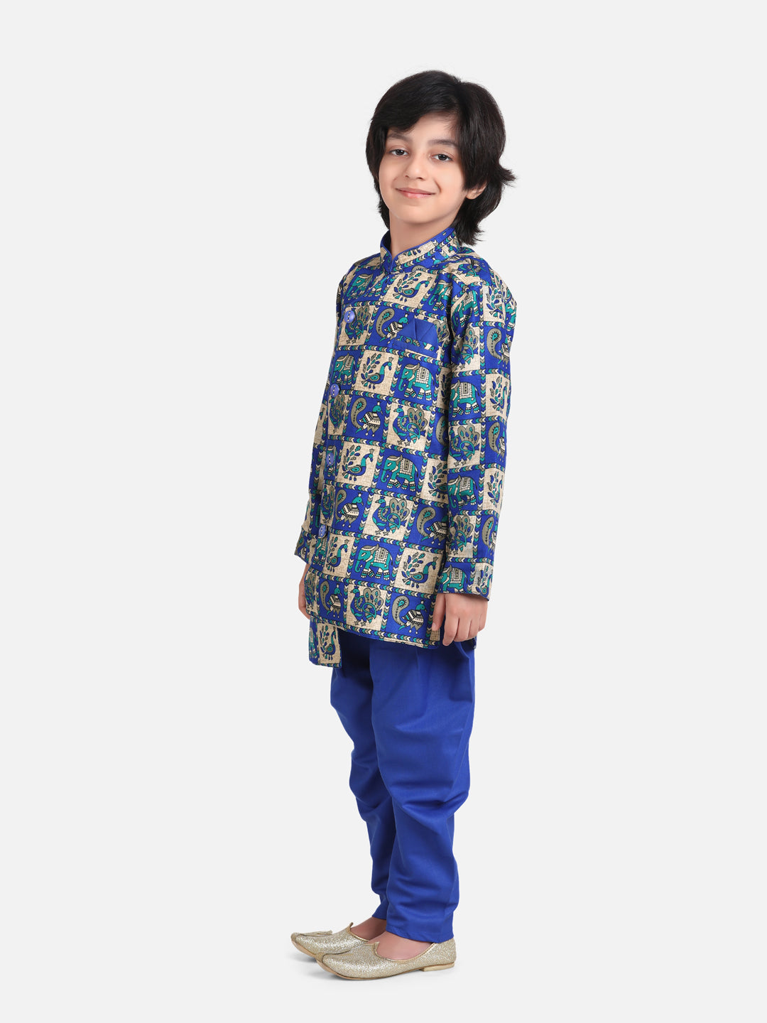 BownBee Boys Mor Print Full Sleeve Sherwani Dhoti - Blue