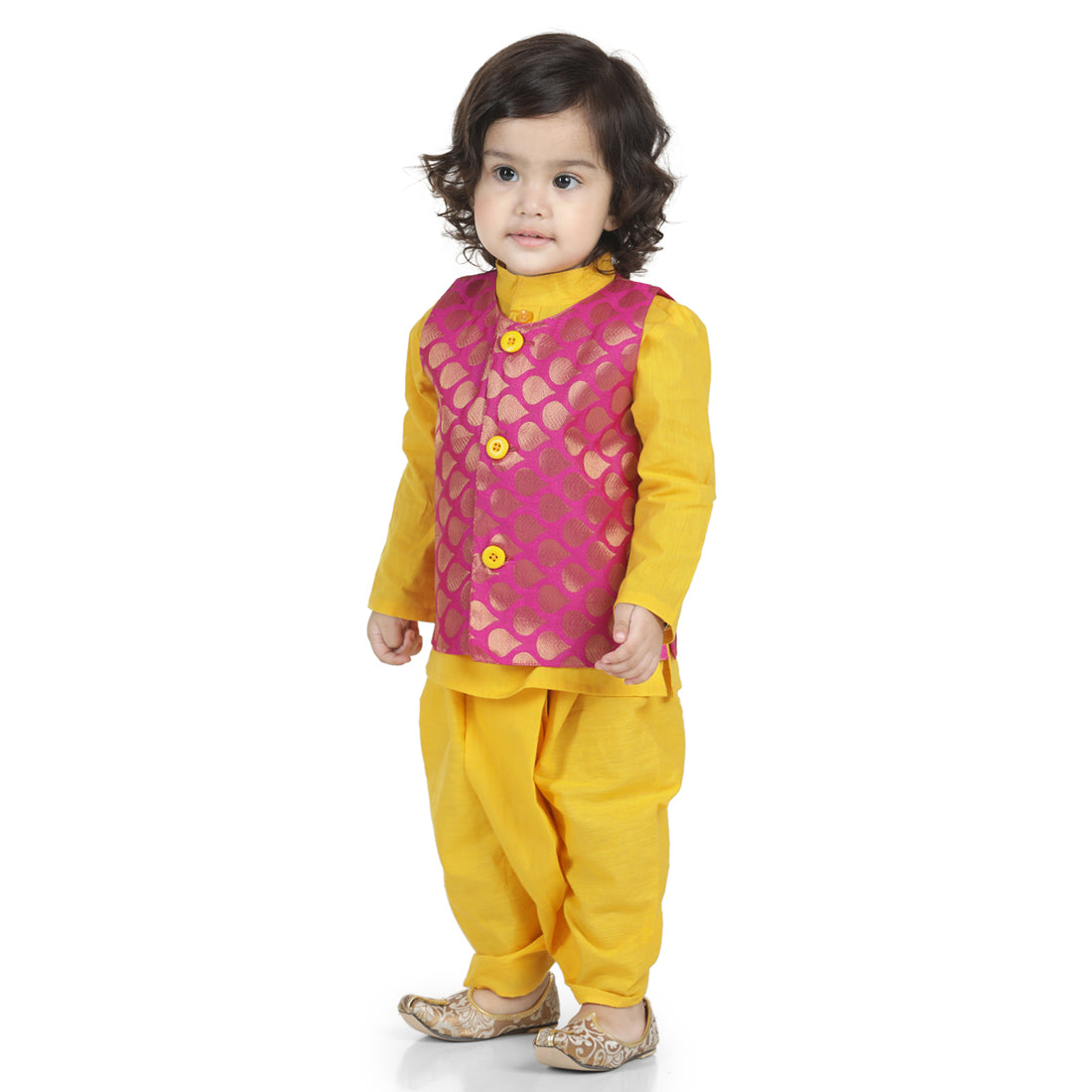 BownBee Sibling Set Cotton Dhoti Kurta with Jacket- Yellow with Front Open Cotton Top with Jacquard Lehenga for Girls- Yellow