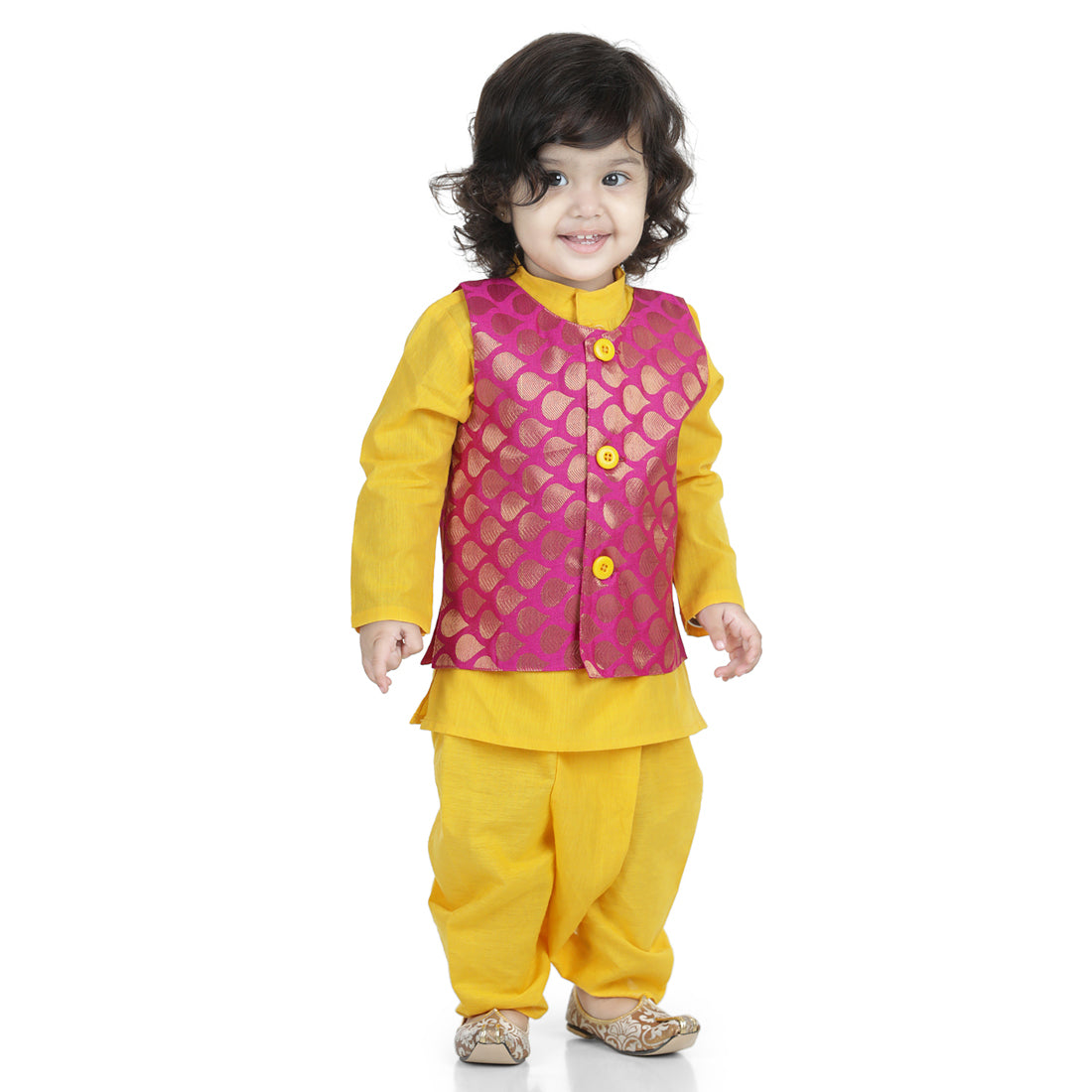 BownBee Sibling Set Cotton Dhoti Kurta with Jacket- Yellow with Front Open Cotton Top with Jacquard Lehenga for Girls- Yellow