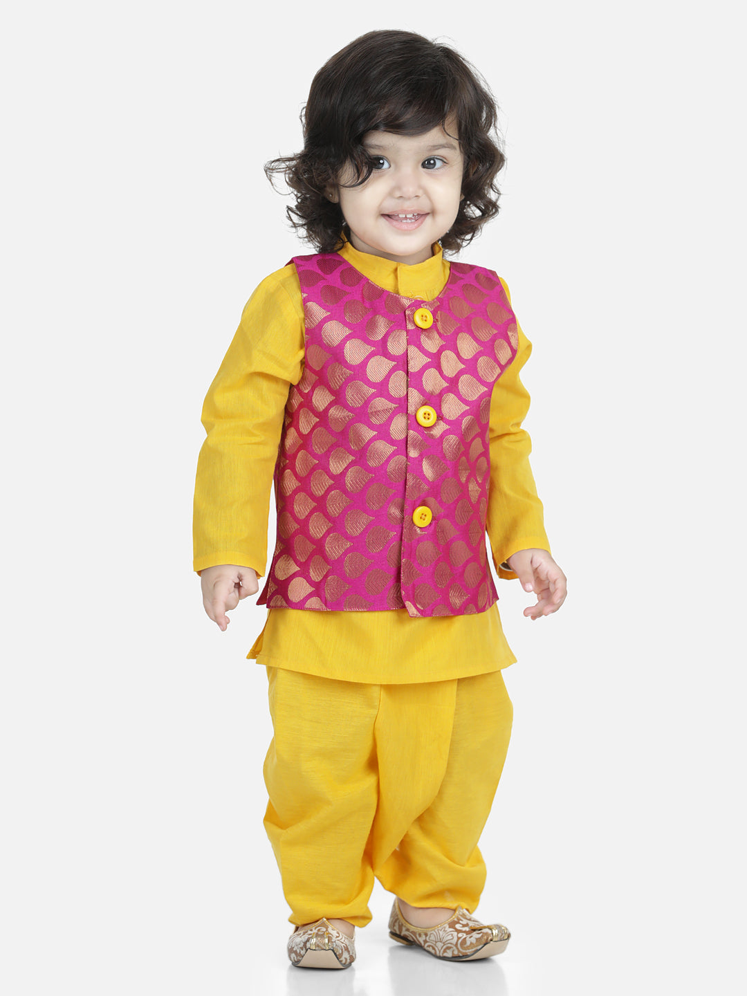 BownBee Sibling Set Cotton Dhoti Kurta with Jacket- Yellow with Front Open Cotton Top with Jacquard Lehenga for Girls- Yellow