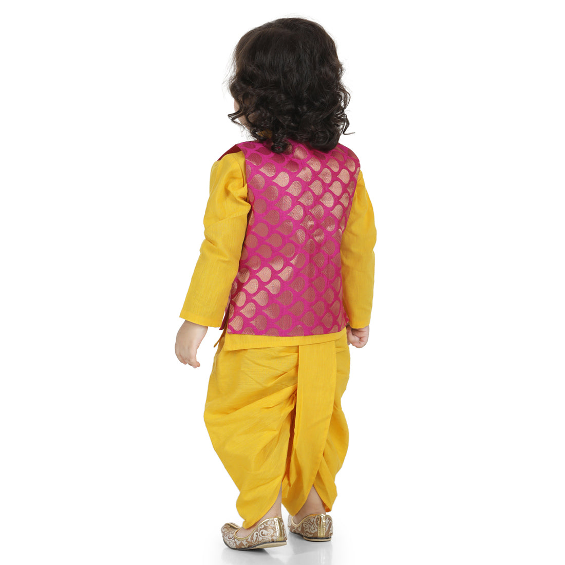 BownBee Sibling Set Cotton Dhoti Kurta with Jacket- Yellow with Front Open Cotton Top with Jacquard Lehenga for Girls- Yellow