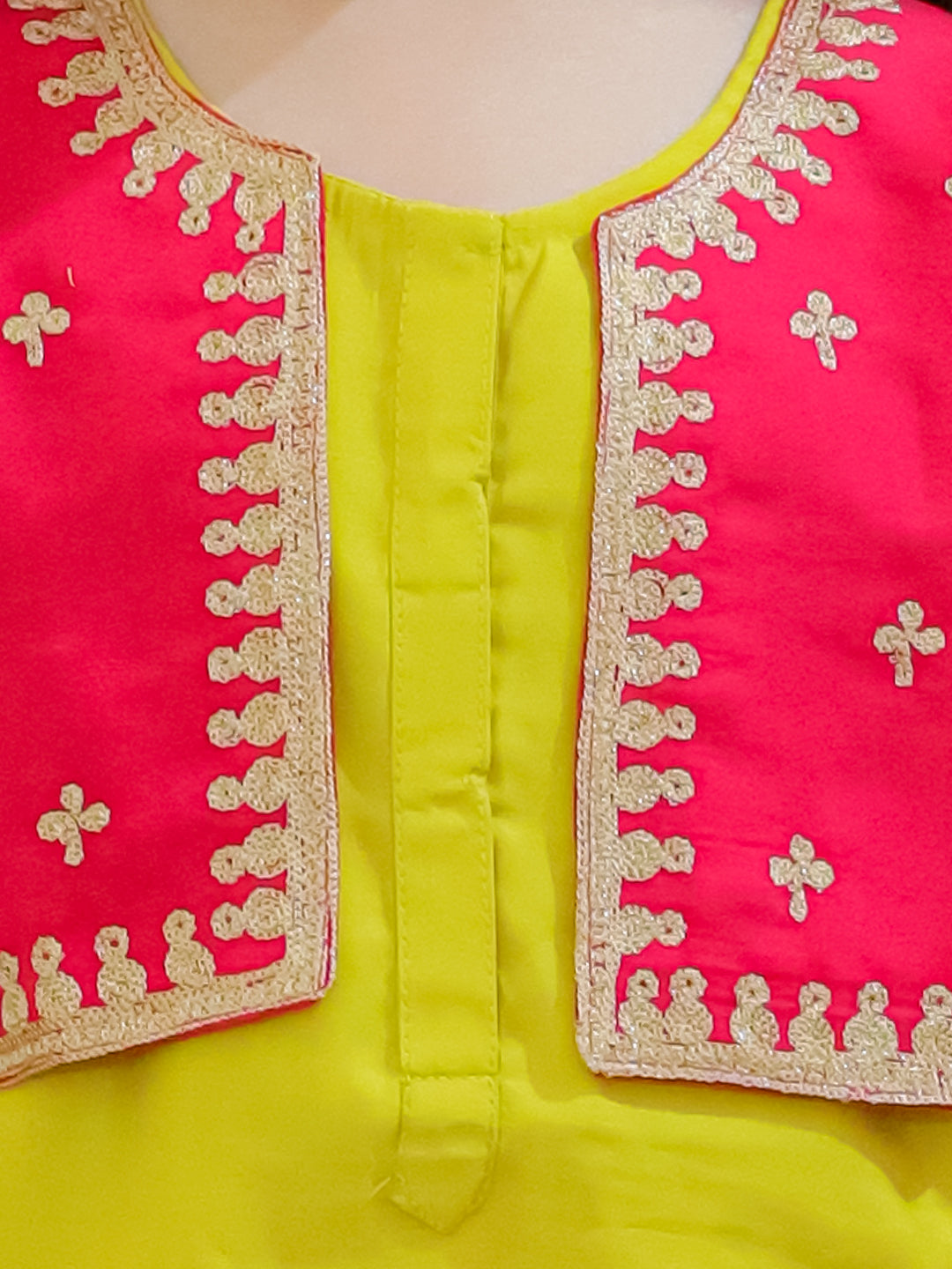 BownBee Sibling Set Embroidered Attached Jacket Kurta Pajama with Attached Jacket Kurti Dhoti- Yellow