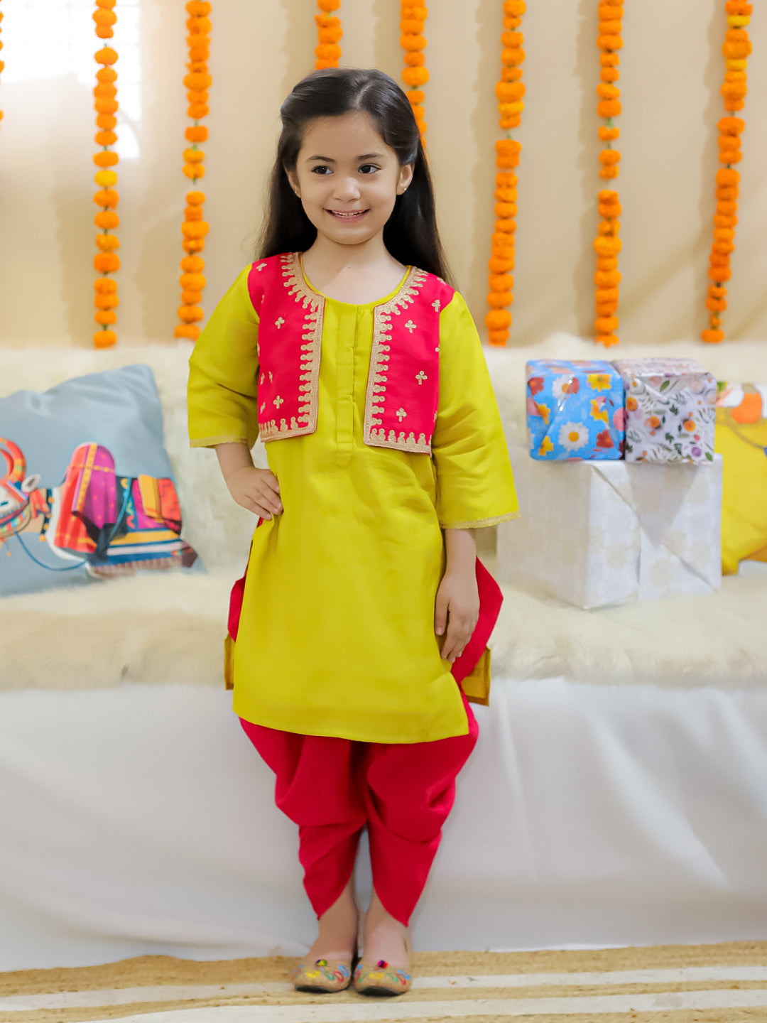 BownBee Sibling Set Embroidered Attached Jacket Kurta Pajama with Attached Jacket Kurti Dhoti- Yellow