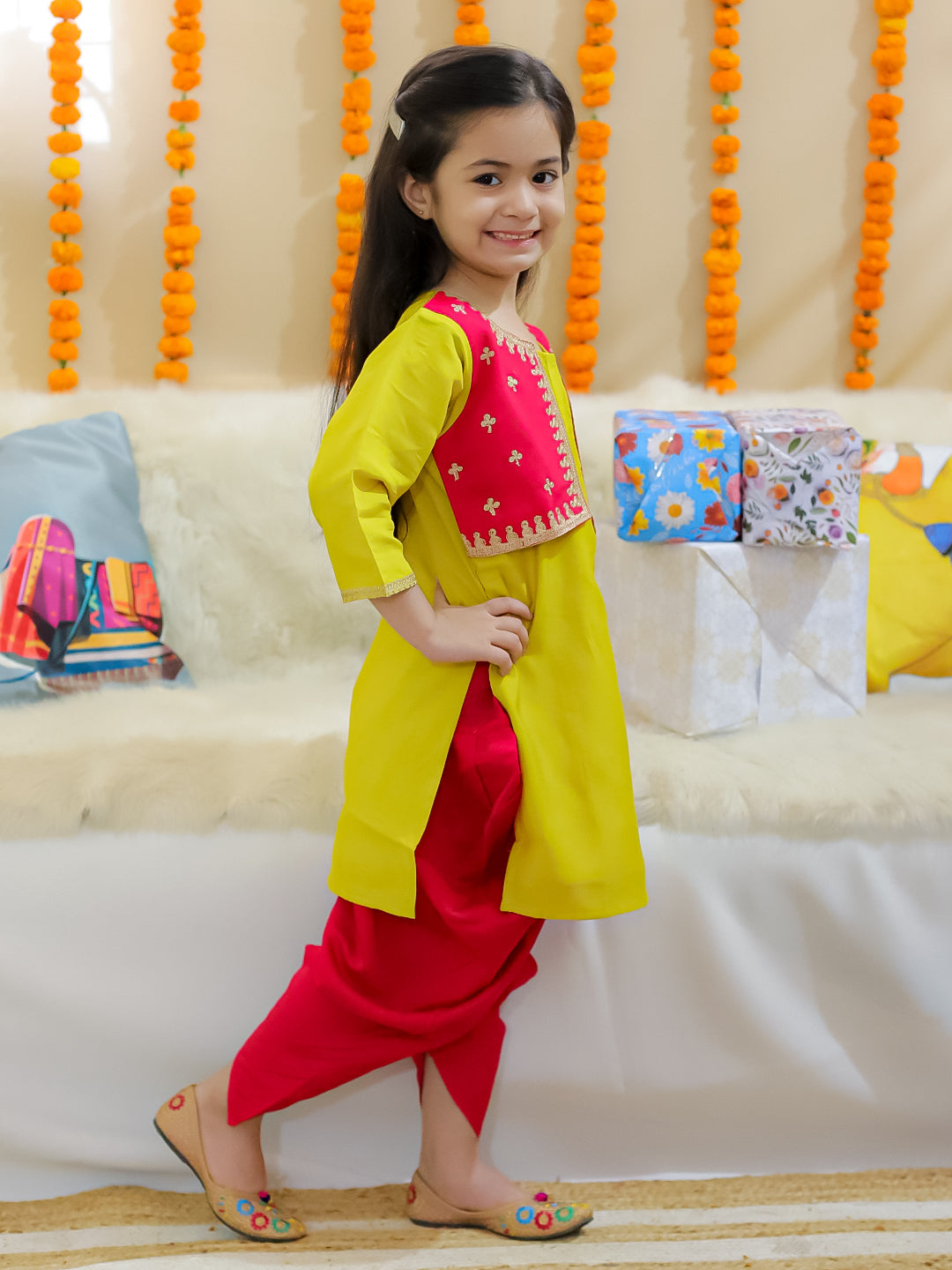 BownBee Sibling Set Embroidered Attached Jacket Kurta Pajama with Attached Jacket Kurti Dhoti- Yellow