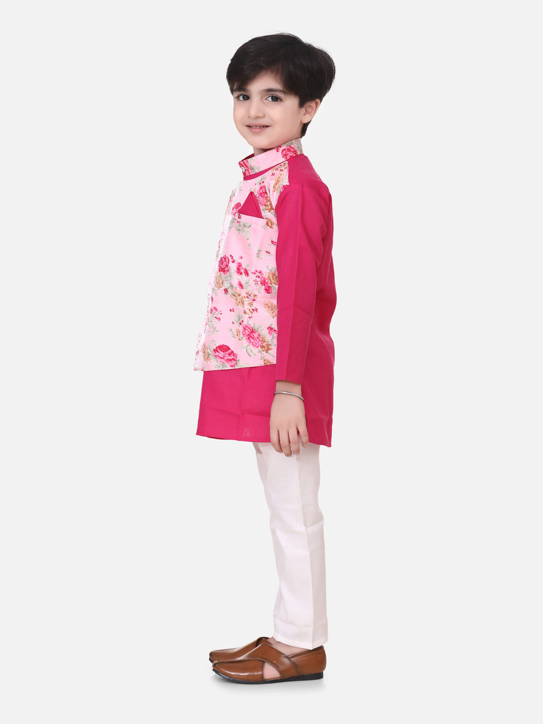 BownBee Sibling Set Attached Jacket Kurta Pajama For Boys-Pink with Ruffle Sleeve Collar Choli With Floral Lehenga- Pink